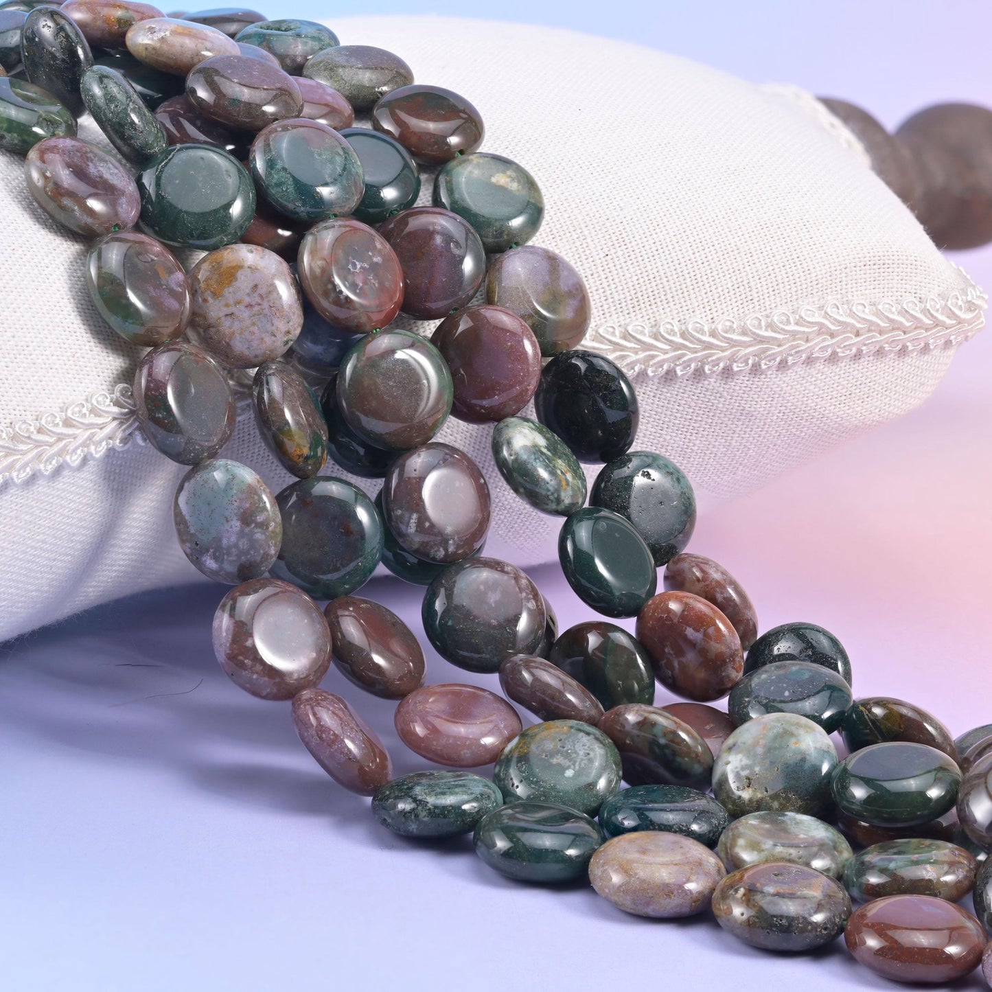 Natural Indian Agate smooth coin beads in mossy forest green, plum brown, dusty rose, and pale cream