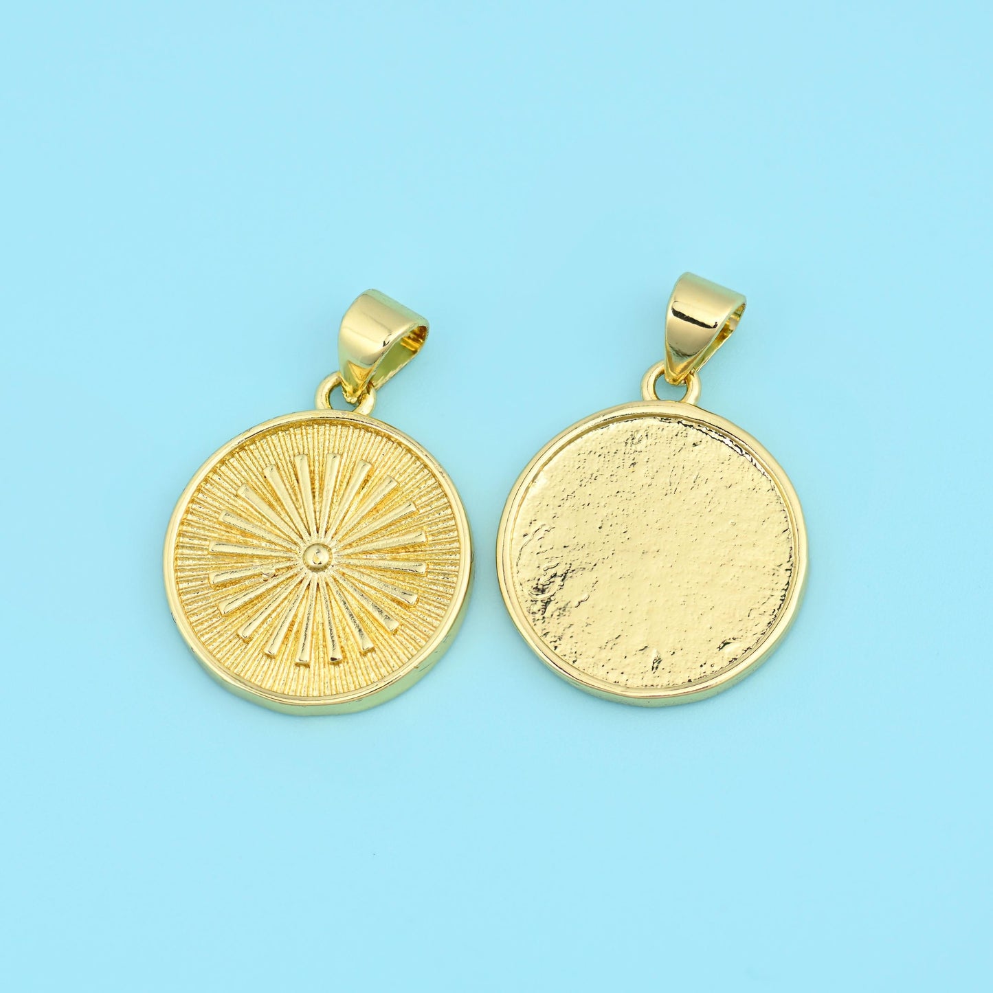 18K Gold Filled Sunburst Coin Medallion Charm 16.65mm in warm polished gold tone