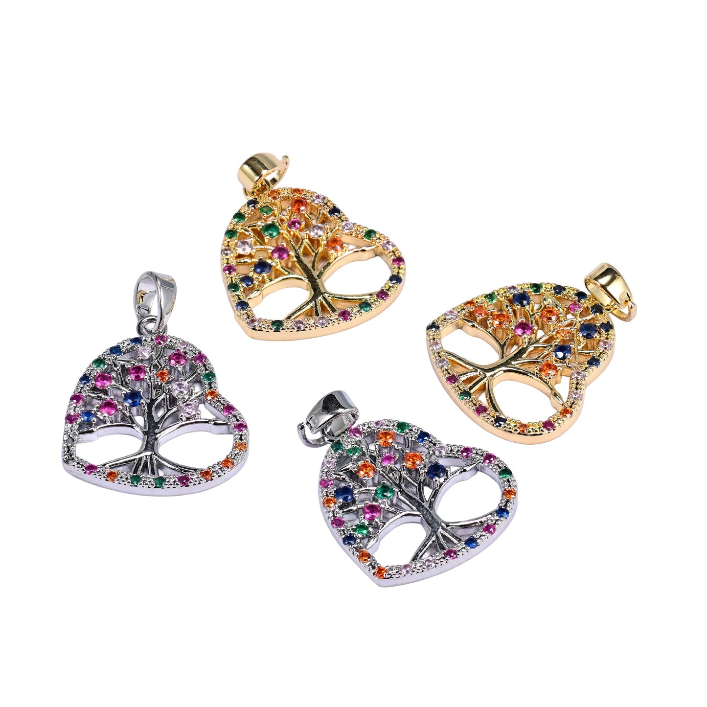 18K Gold Plated Brass Heart Tree of Life Charm Pendant with an openwork branch design outlined in vibrant multicolor zircon