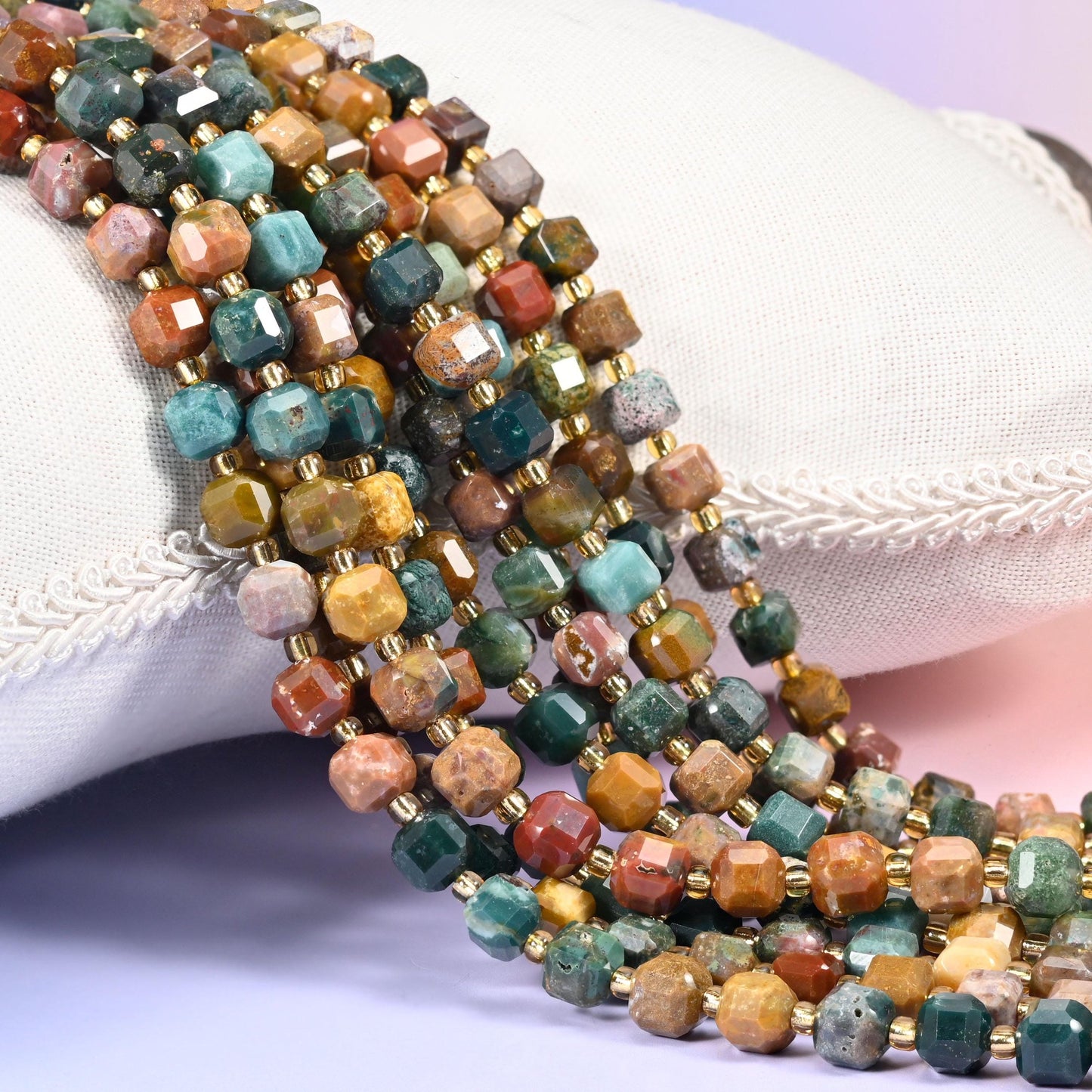 Ocean Agate Faceted Cube Beads, a mix of rust, ochre, teal and stone grey