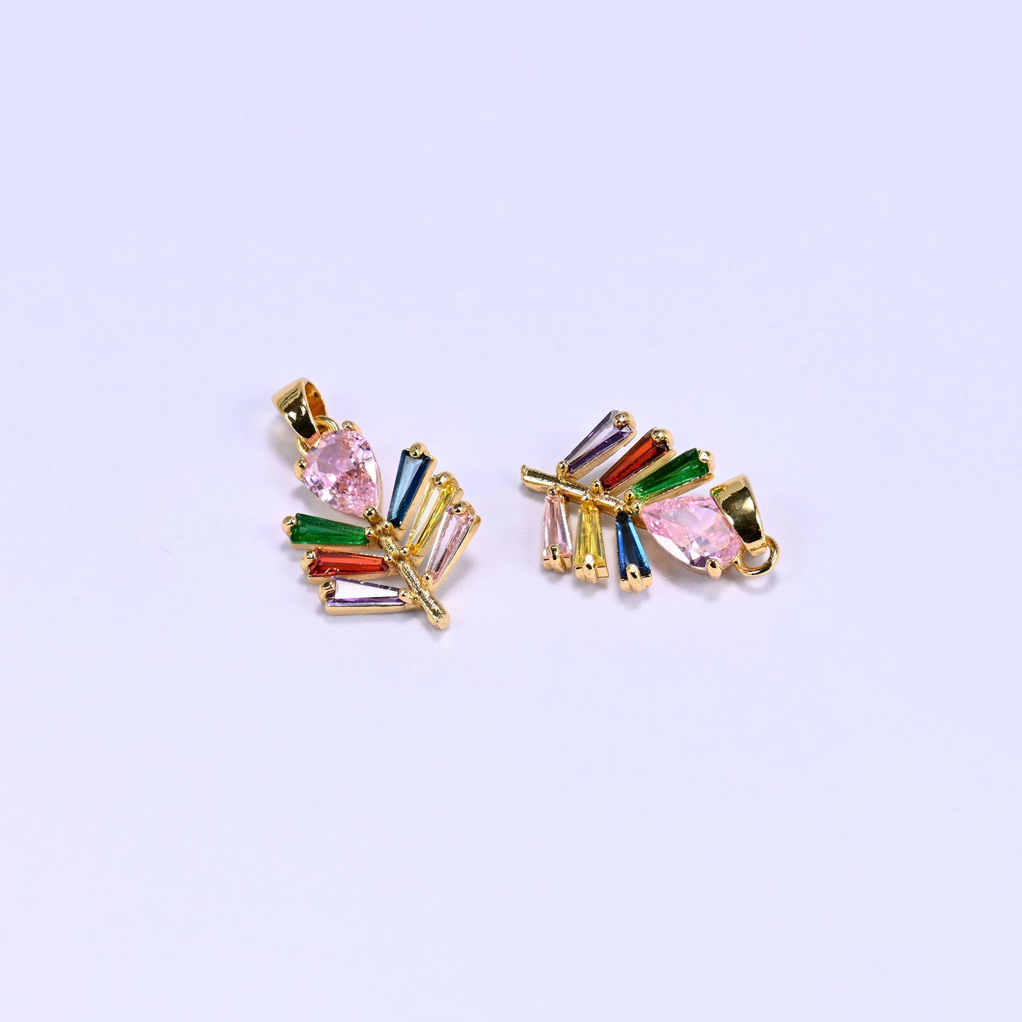 18K Gold Plated Brass Leaf Charm Pendant with a pear-cut pink zircon top and multicolor baguette zircon veins fanning out along a gold stem