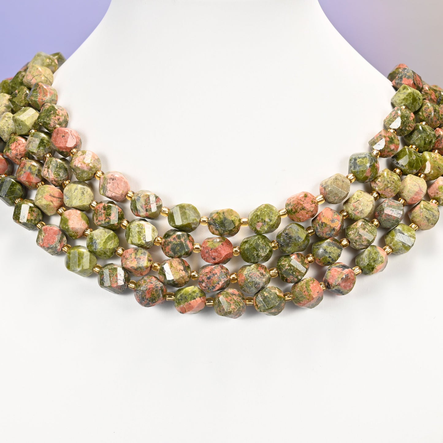 Unakite faceted spiral twist natural stone beads in olive green and salmon pink, 10mm