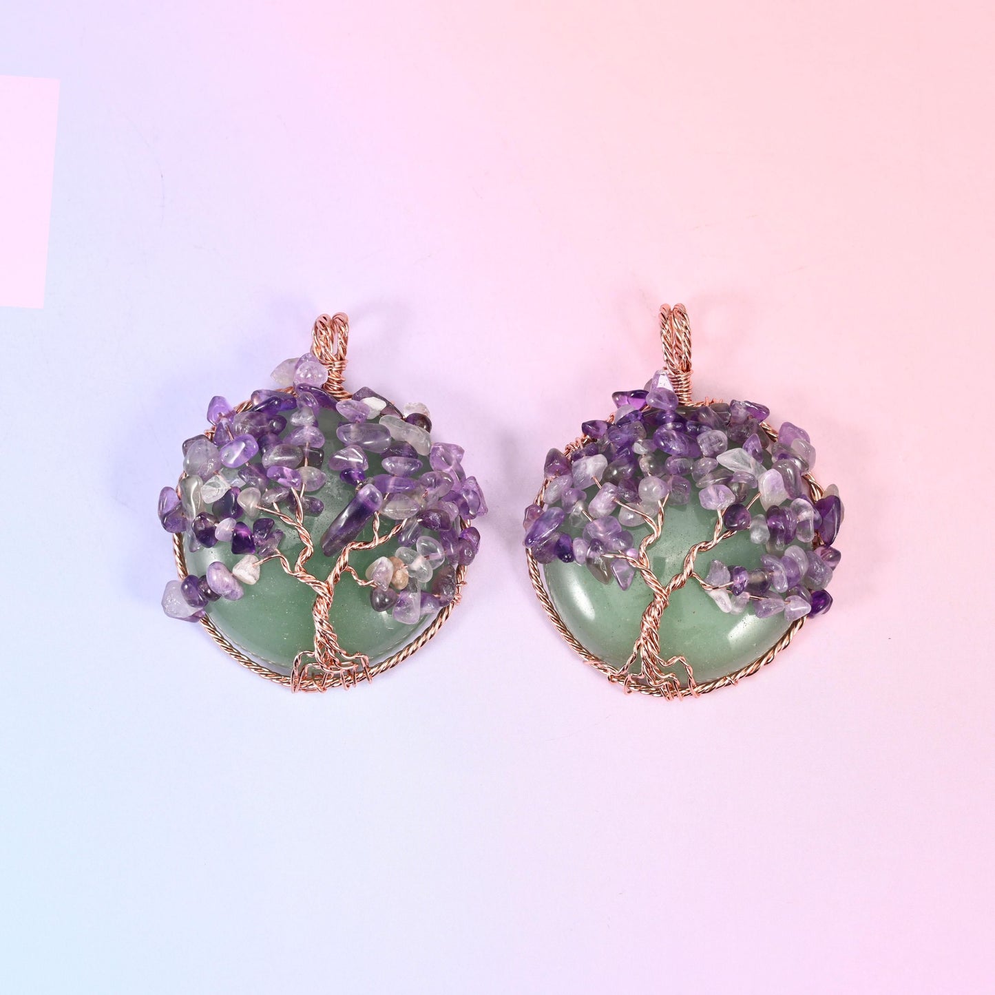 Gemstone Round Pendant with Copper Wired Tree of Life, a flat polished stone disc backed by a copper-toned wire frame