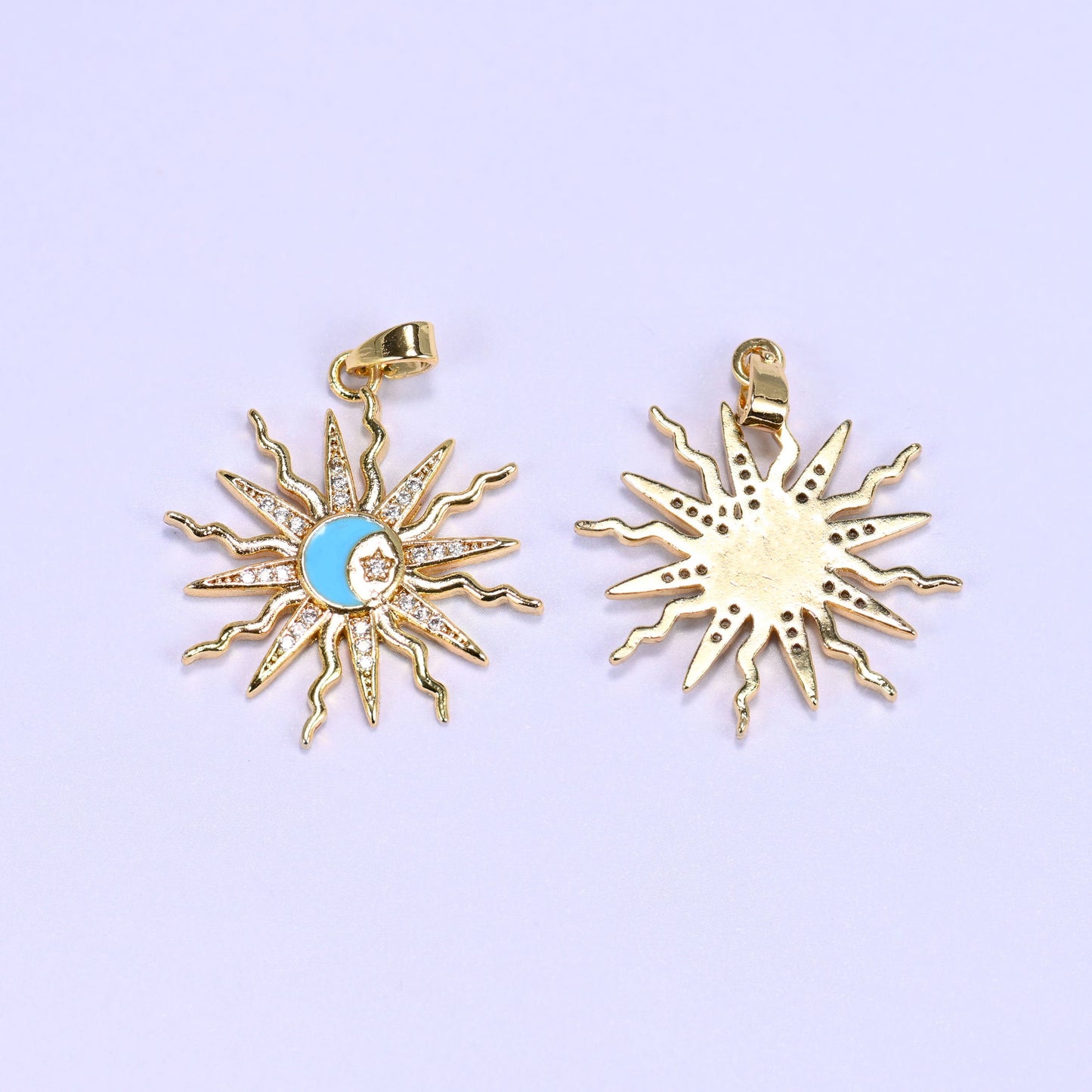 18K Gold Plated Brass Sun Moon Star Charm Pendant with wavy zircon-paved sun rays framing an enamel moon and star center