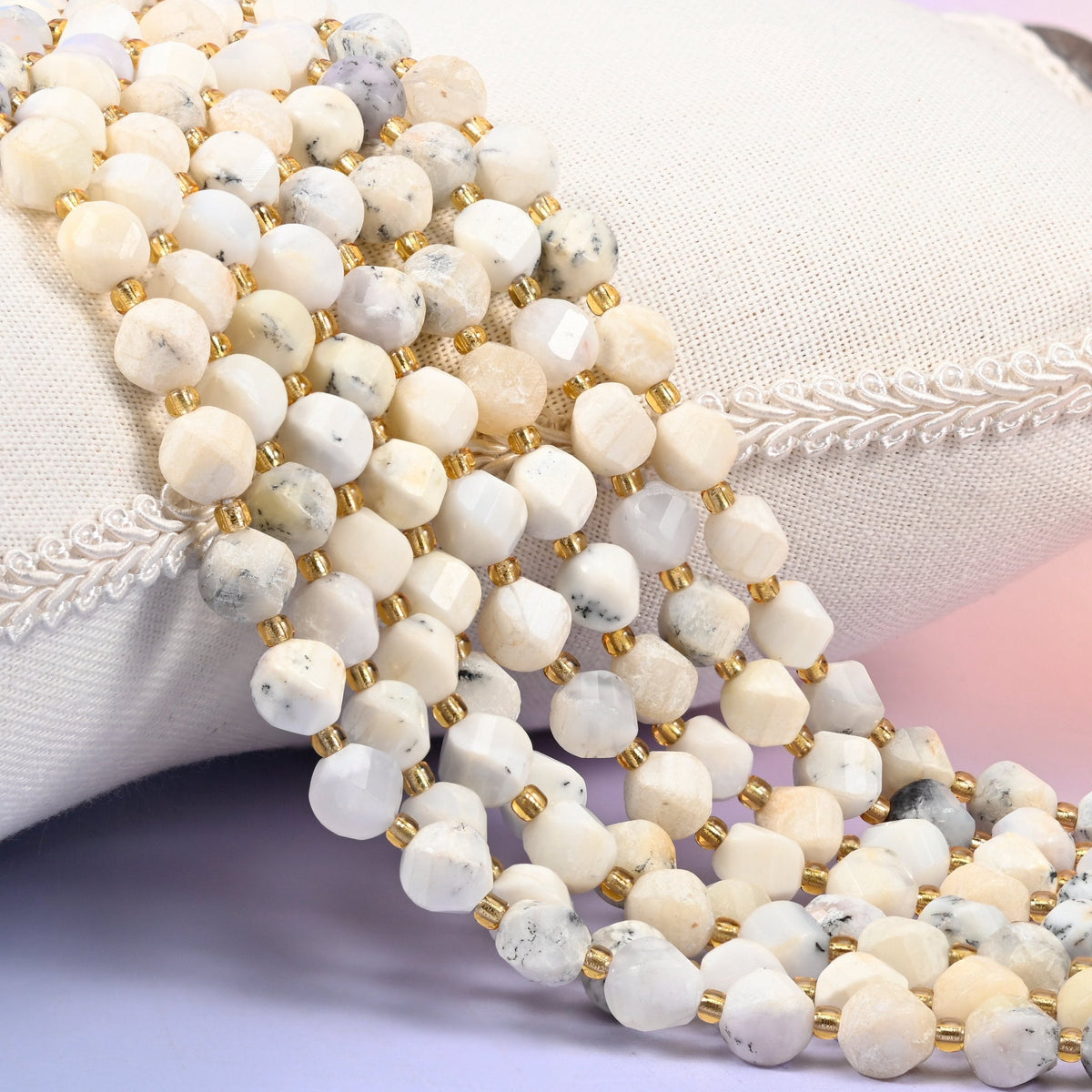 White Opal Faceted Spiral Twist Beads