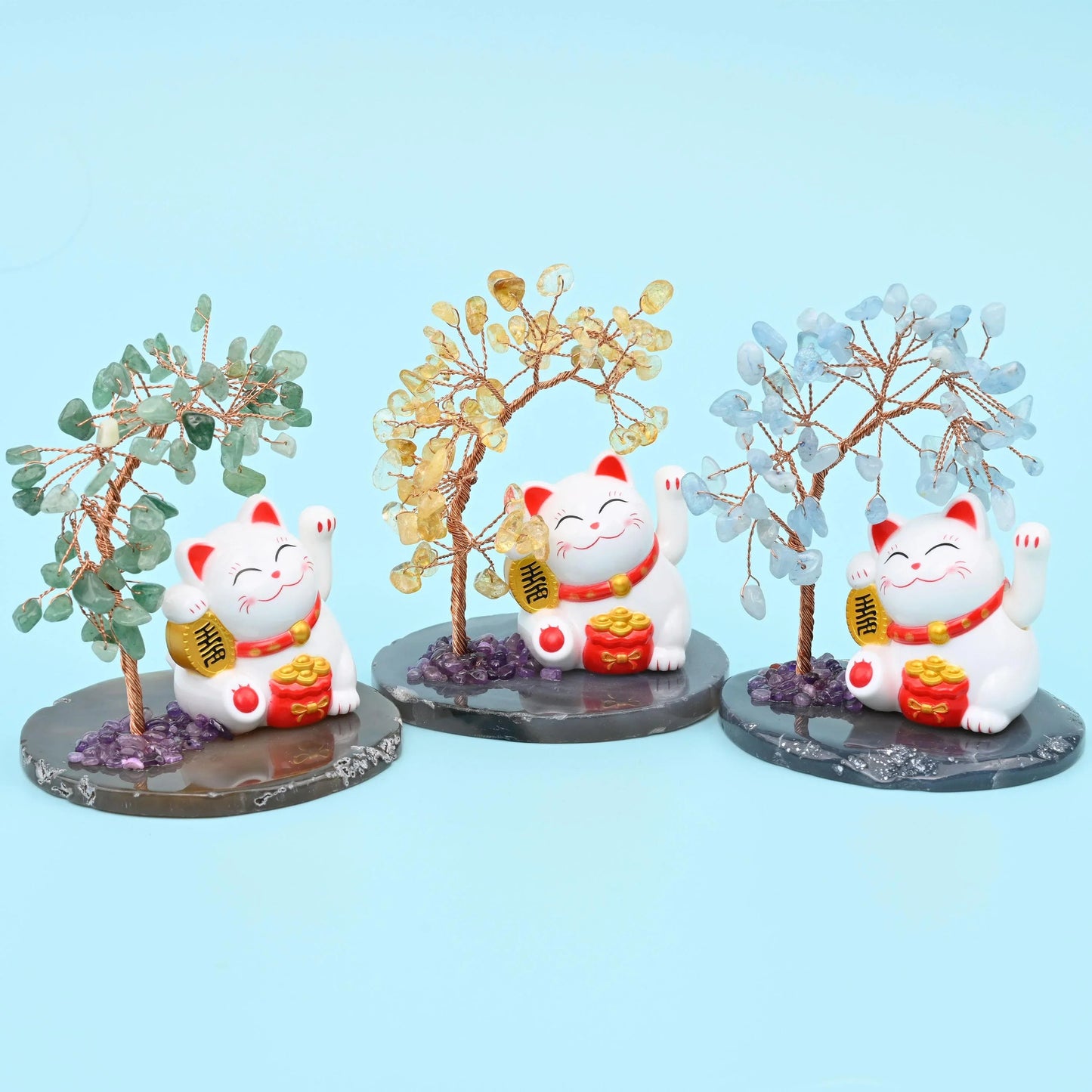 Fortune Cat gemstone tree with natural agate base, approximately 4 inches tall