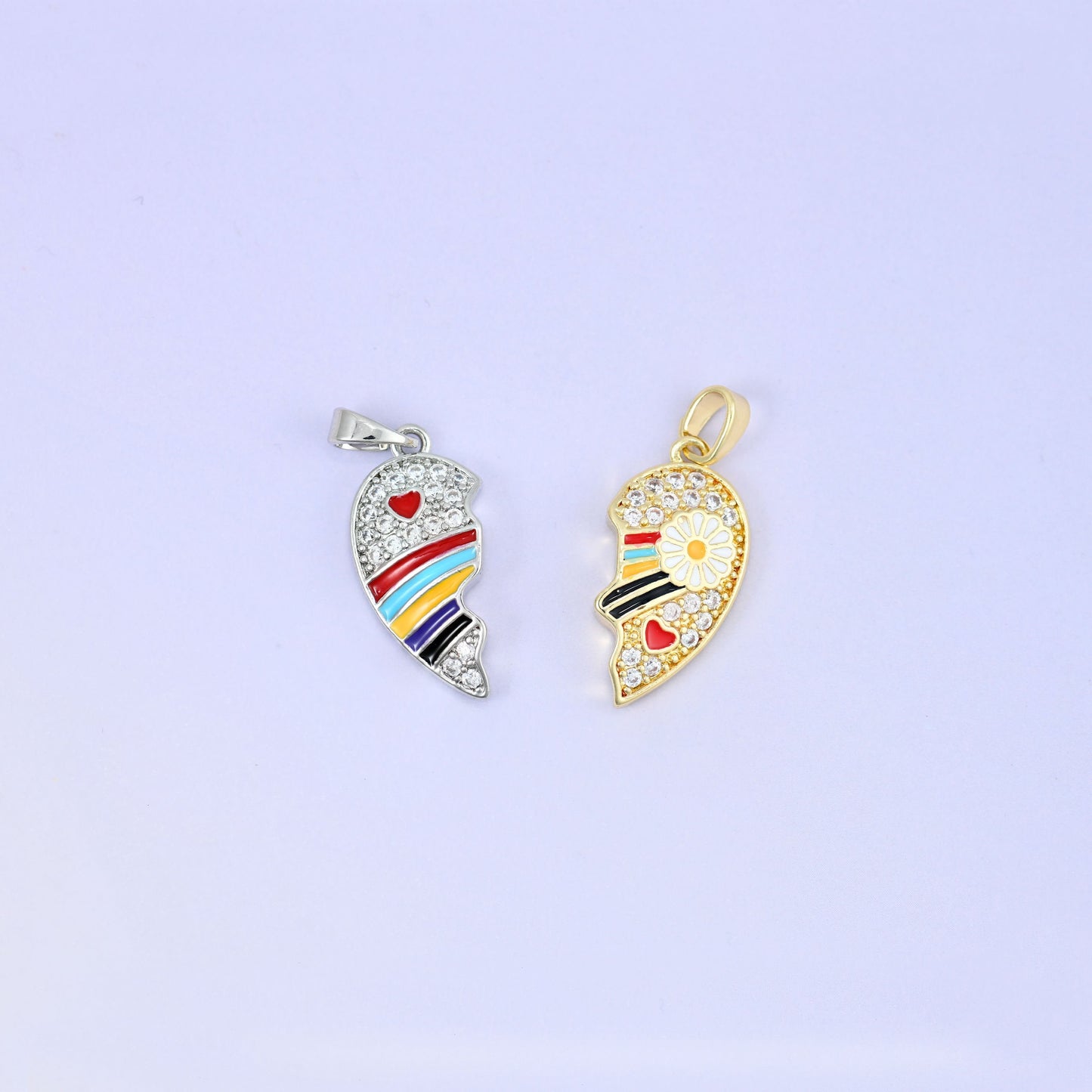 Magnetic Enamel Friendship Heart Zircon Pendants in gold and platinum tone with enamel detail