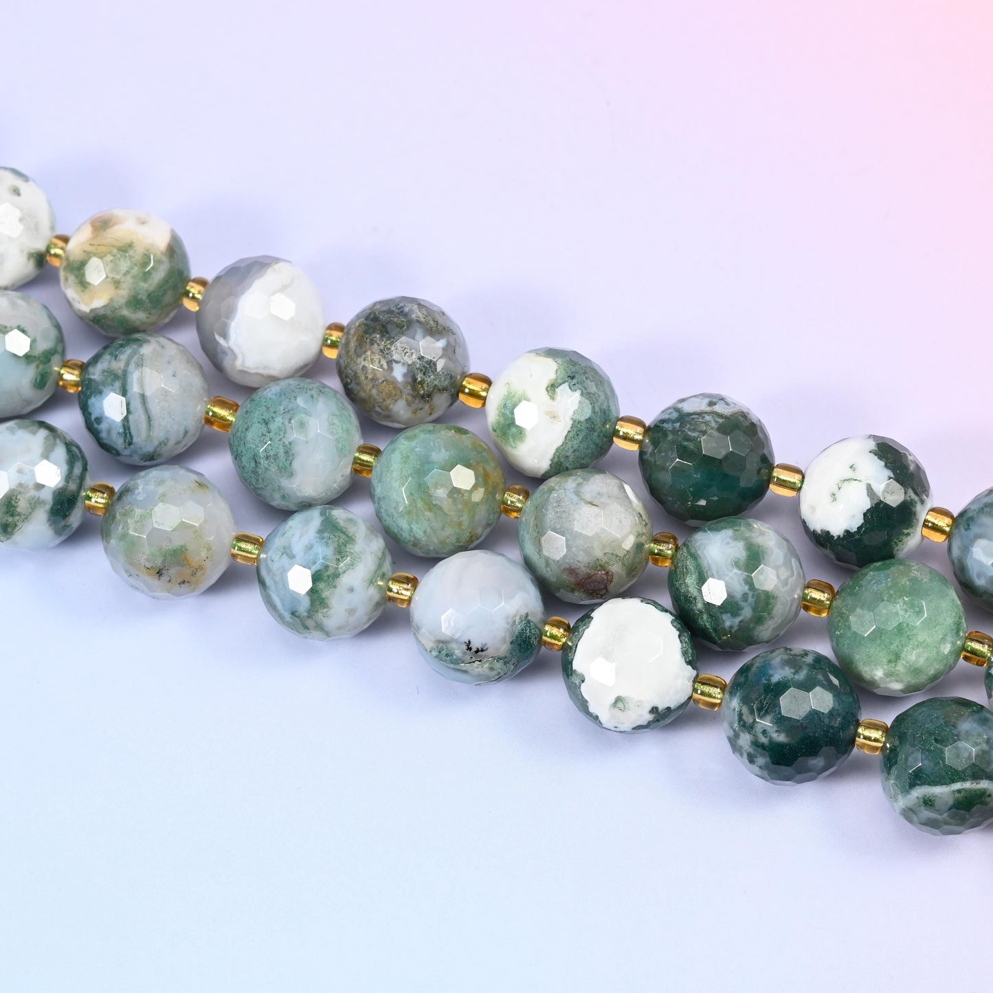 Moss Agate Faceted Round Beads, 15 inch strand