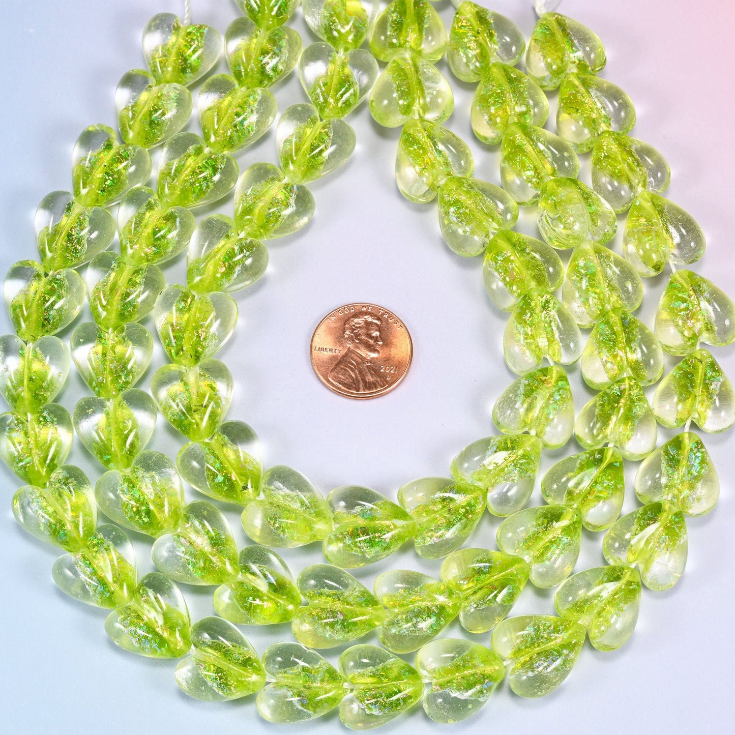 Iridescent Lime Green Heart Glass Beads, 24 beads per strand
