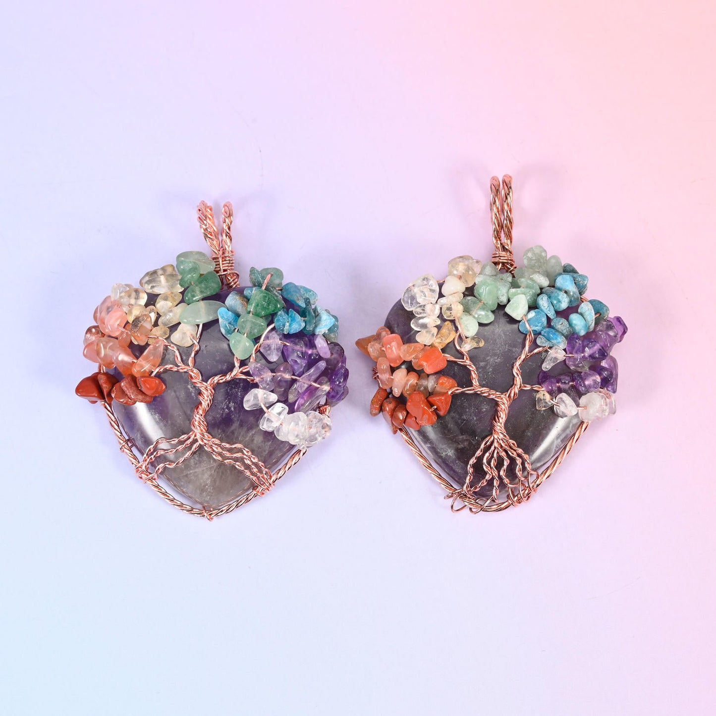 Heart Gemstone Pendant with Copper Wired Tree of Life, a flat polished heart caged in fine copper wire