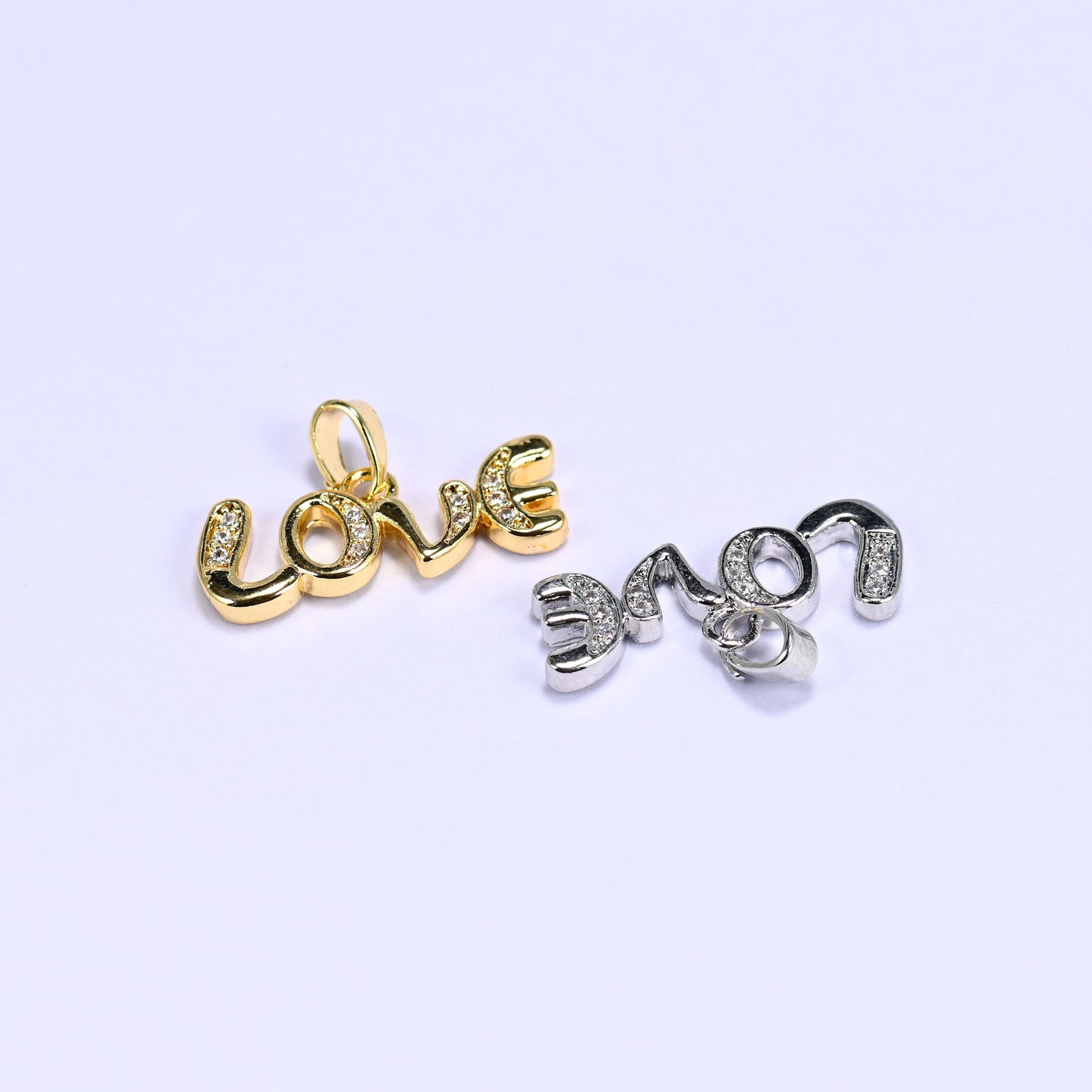 18K Gold Plated Brass Love Script Charm Pendant with sparkling clear zircon accents
