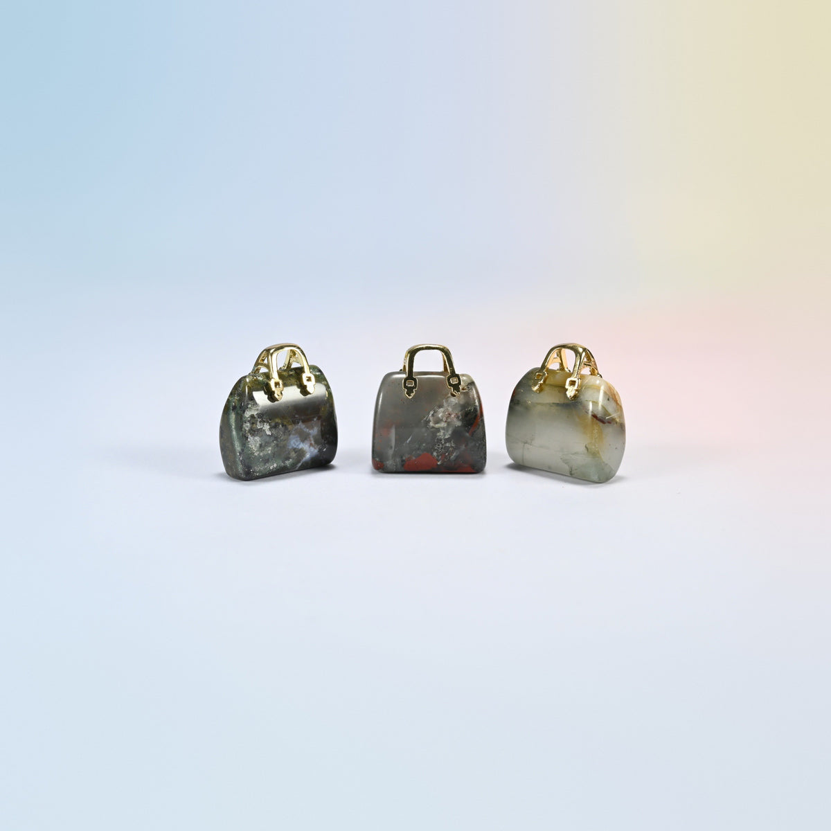 Three African bloodstone purse crystal carvings, 1 inch, dark green and gray natural stone with red spots, gold-tone handle