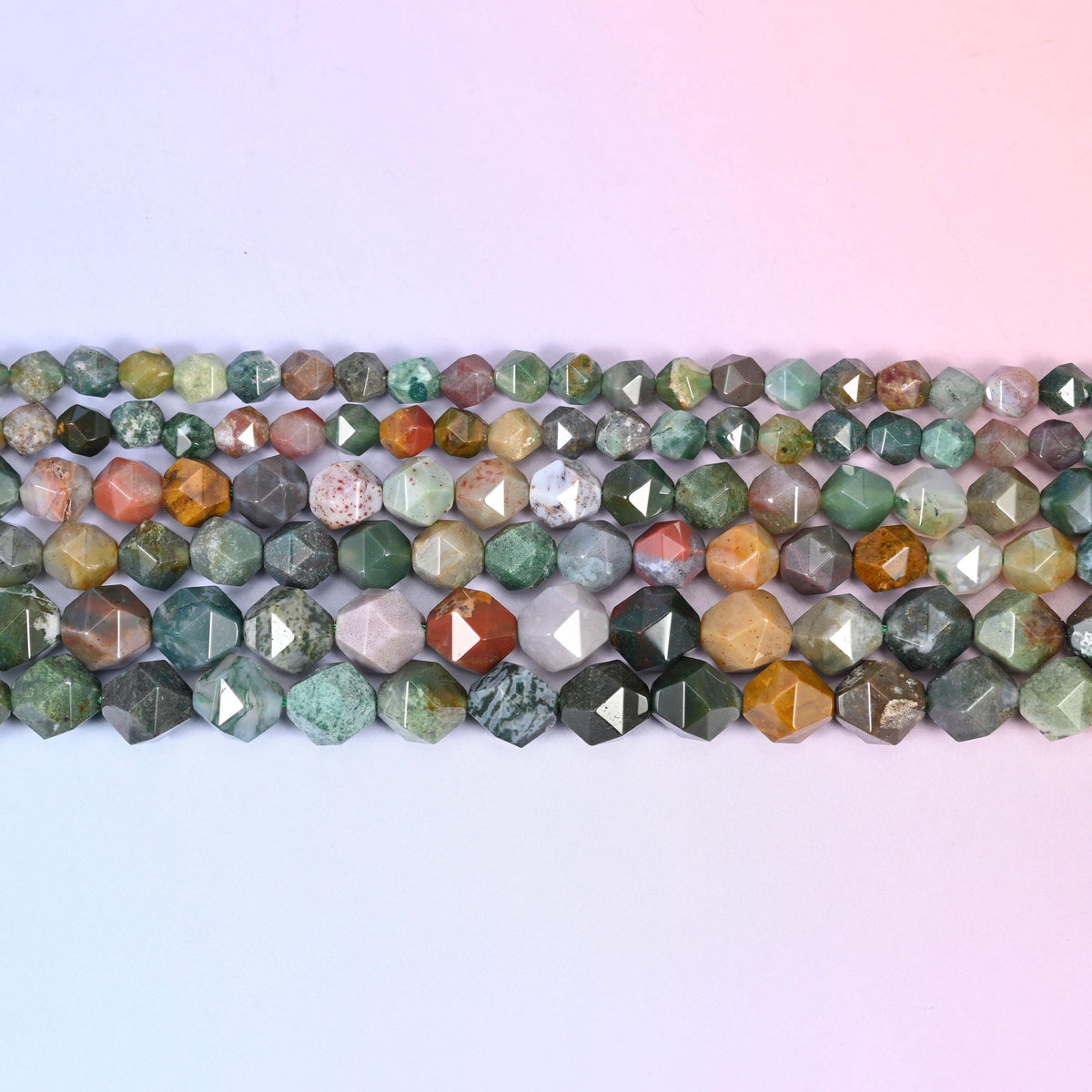 Indian Agate faceted beads in flat horizontal rows, green, grey and amber banding, sold per 15.5 inch strand