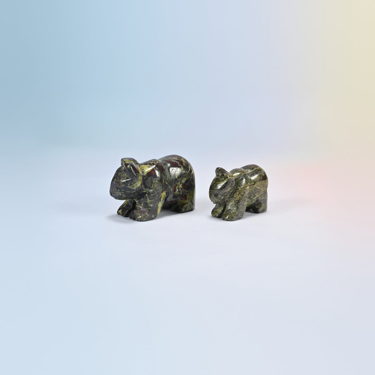 A 2 inch and a 1.5 inch dragon bloodstone bear crystal carving, dark green natural stone with red patches