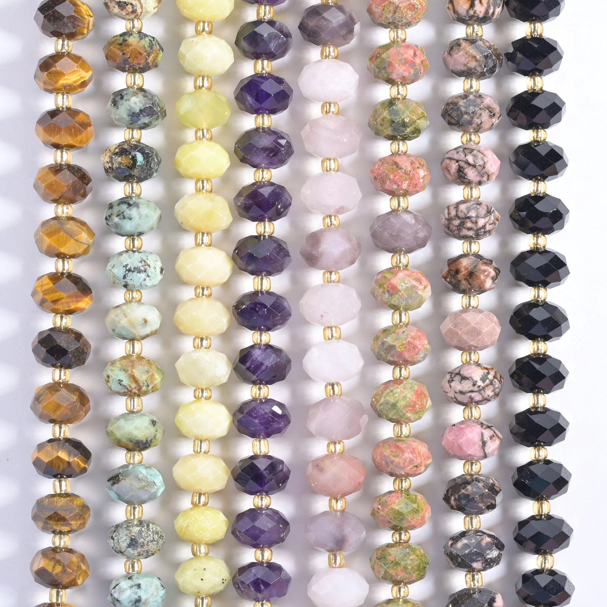 Natural gemstone rondelle beads in African howlite, amethyst, black onyx, purple violet jade, rhodonite, tiger's eye, unakite, or lemon jade