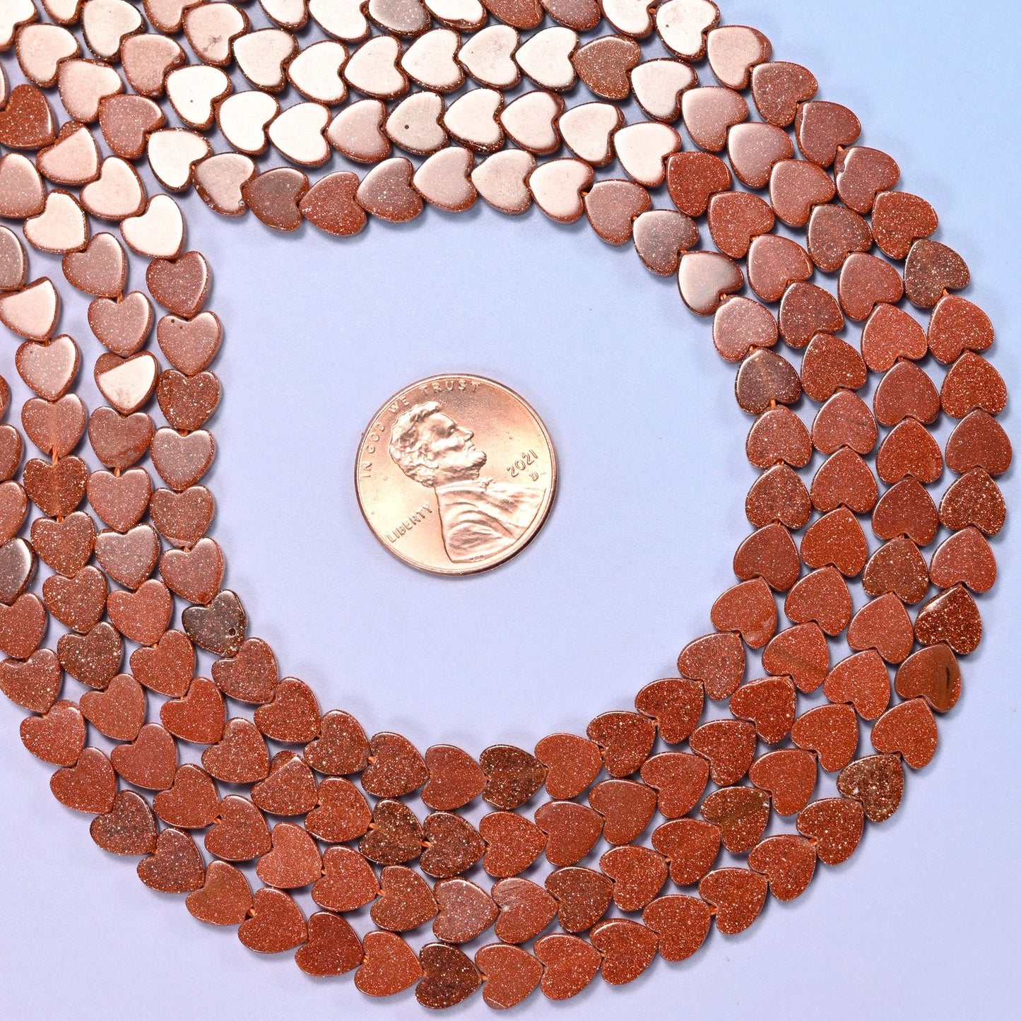 Gold Sandstone Flat Heart Beads, warm copper brown man-made glass packed with fine metallic flecks