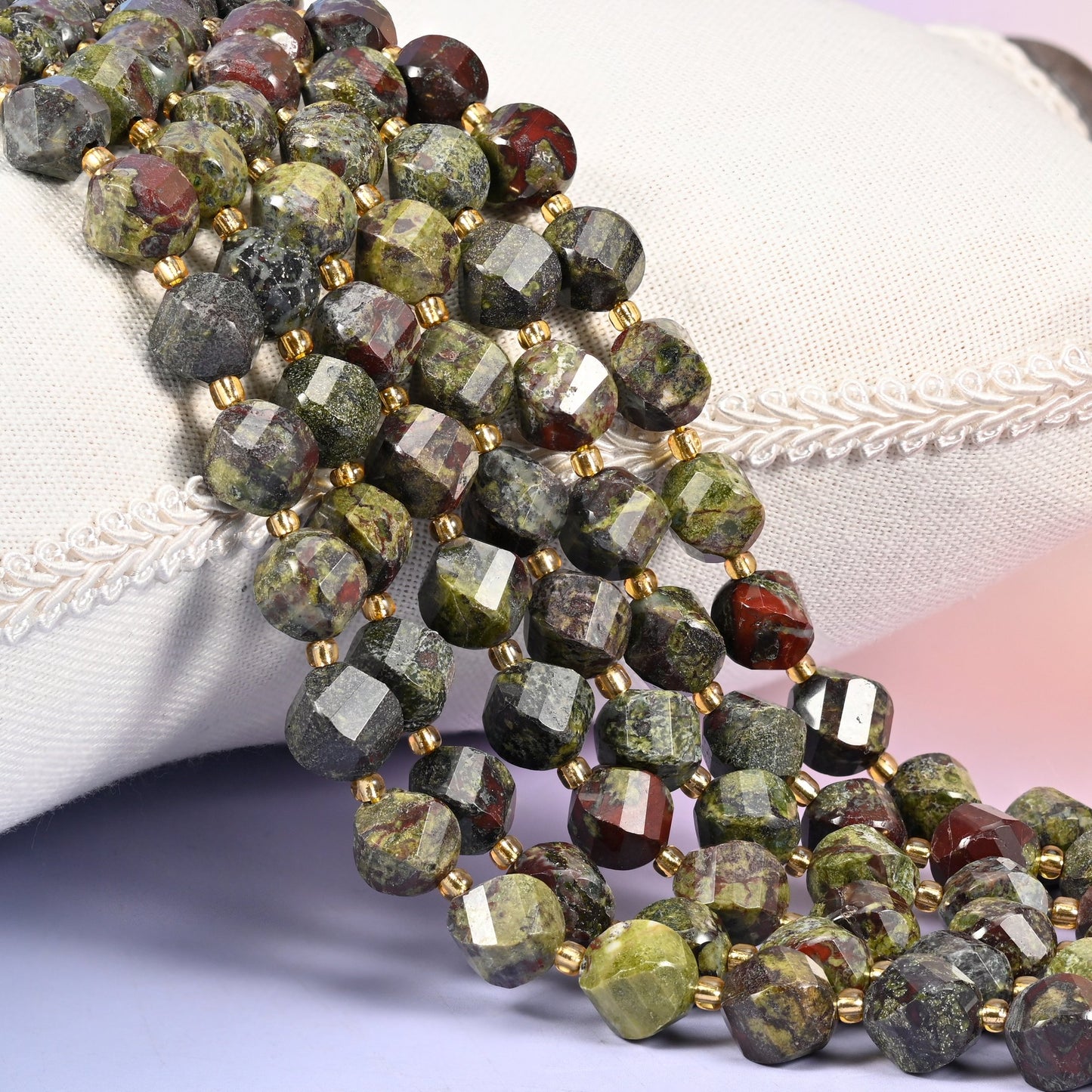 Dragon Bloodstone natural stone beads, 10mm faceted spiral twist, moss and olive green broken by deep red patches