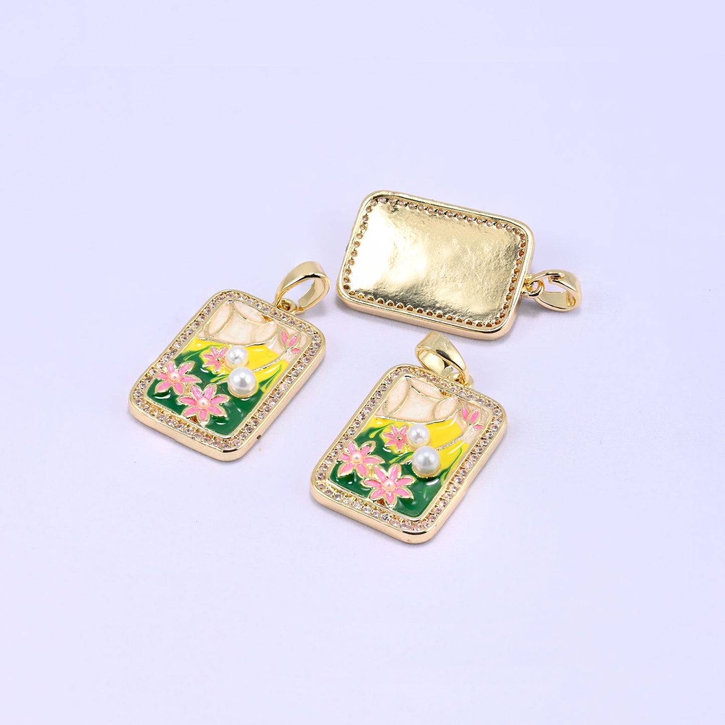 18K Gold Plated Brass Flower Rectangle Charm Pendant with faux pearl accents and zircon border