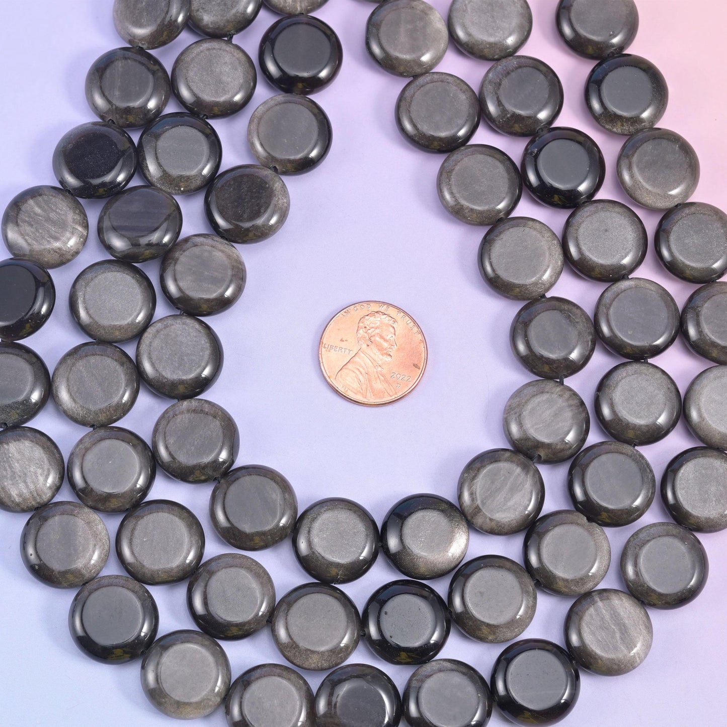 Natural Silver Obsidian smooth coin beads for necklaces and bracelets