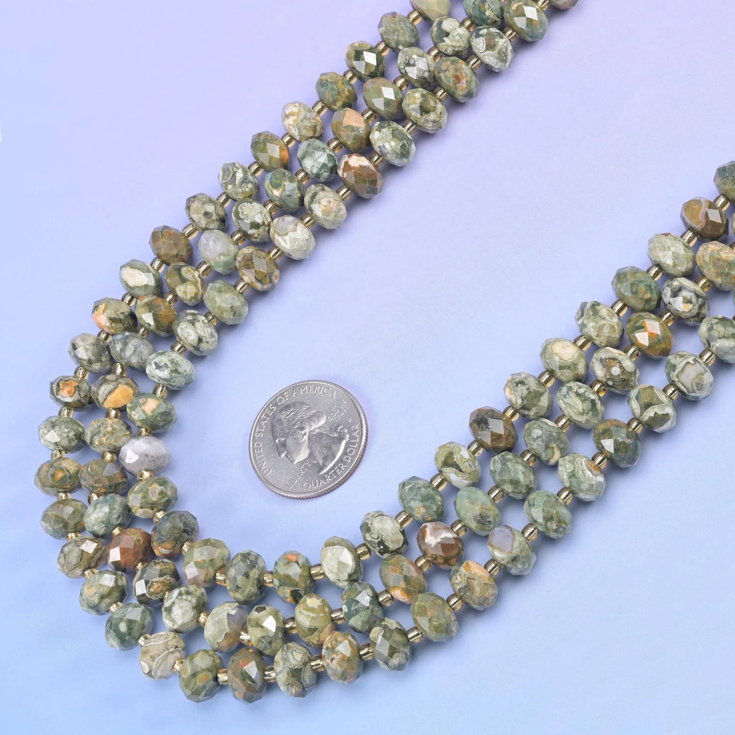 Snake Skin Jasper Faceted Rondelle Beads in mossy sage green and rust brown