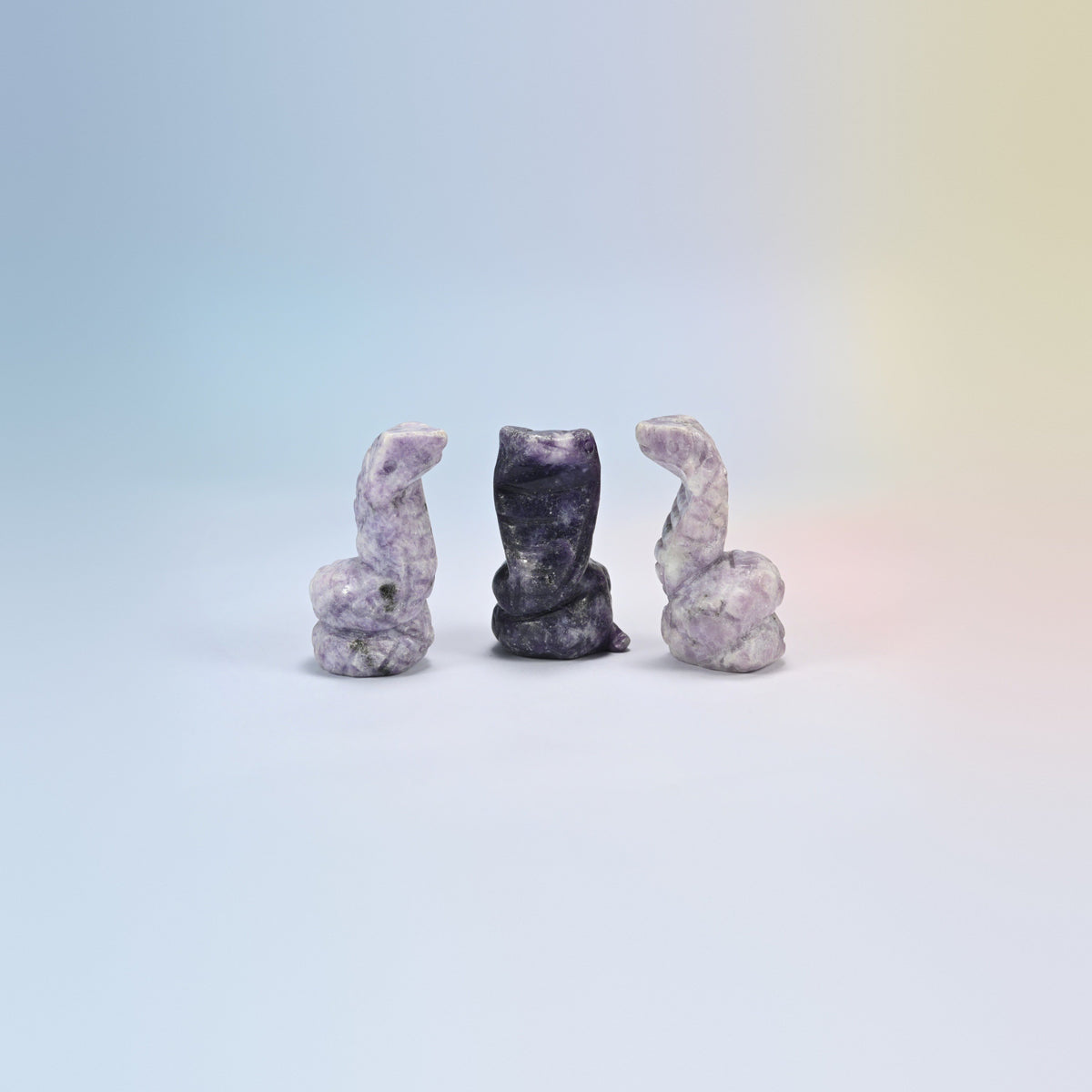 Cobra snake crystal carving in lepidolite, lilac purple natural stone with sparkle