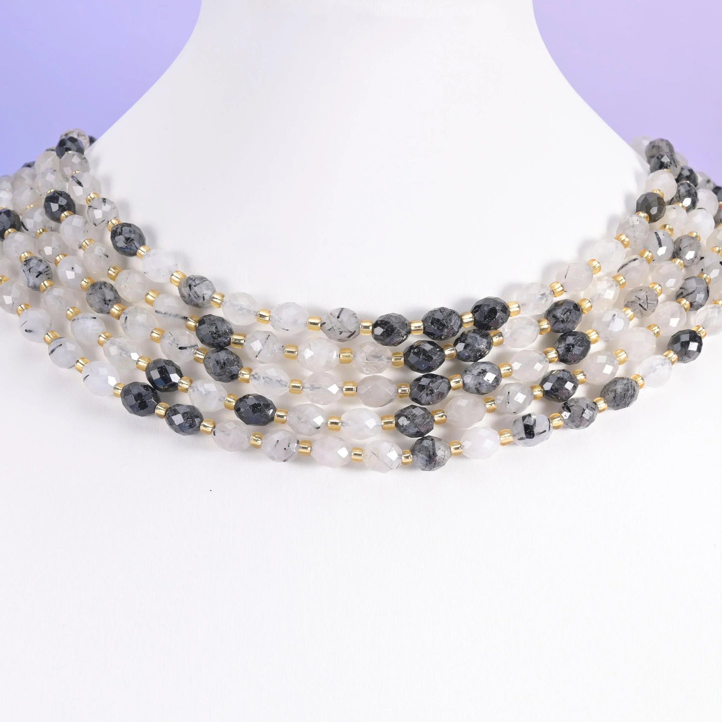 Black Rutilated Quartz beads, faceted rice barrel, 6 x 8mm