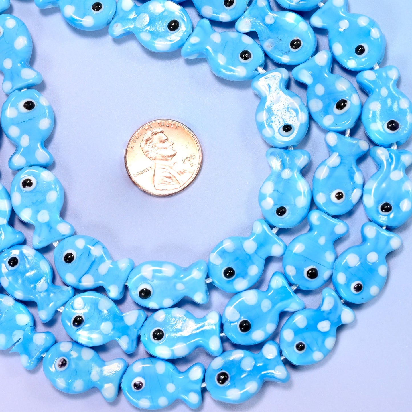 Sky Blue with White Dot Fish Glass Beads, 20 beads per strand