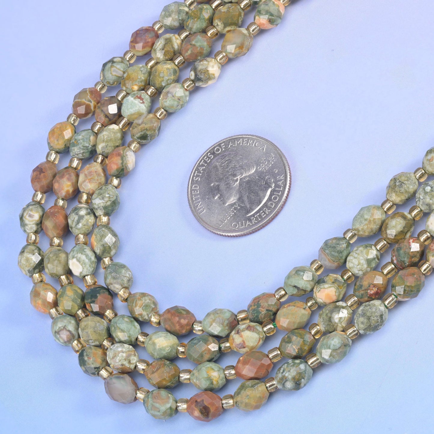 Snake Skin Jasper Faceted Rice Barrel Beads in mottled sage and olive green with tan and rust patches