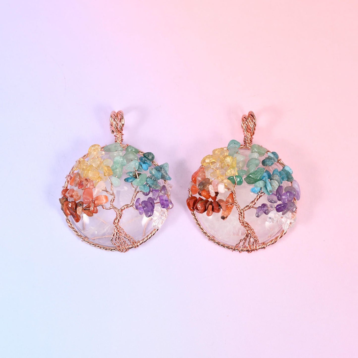 Round Gemstone Pendant with Copper Wired Tree of Life, coral, aqua, olive and violet chip tips
