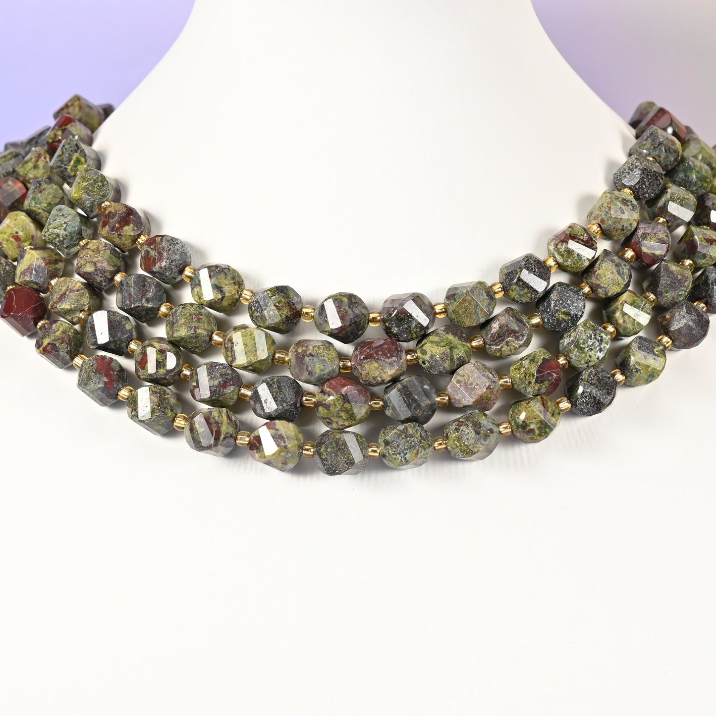 Dragon Bloodstone natural stone beads with a grey-green matrix showing through the 10mm faceted beads