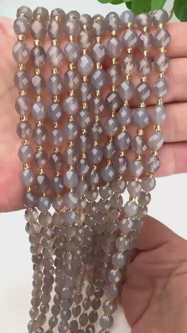 Gray Agate Faceted Rice Barrel Beads, approximately 39 beads per strand