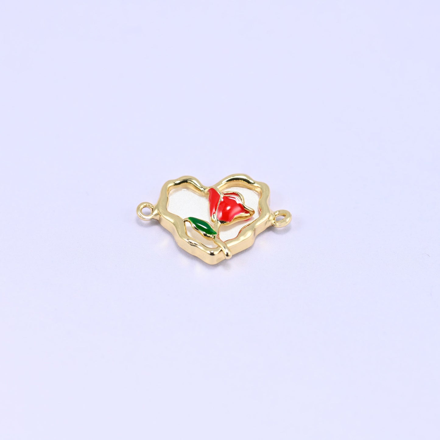Enamel Heart Rose Double Connector Pendants: 18K Gold Plated, Jewelry Making Supply