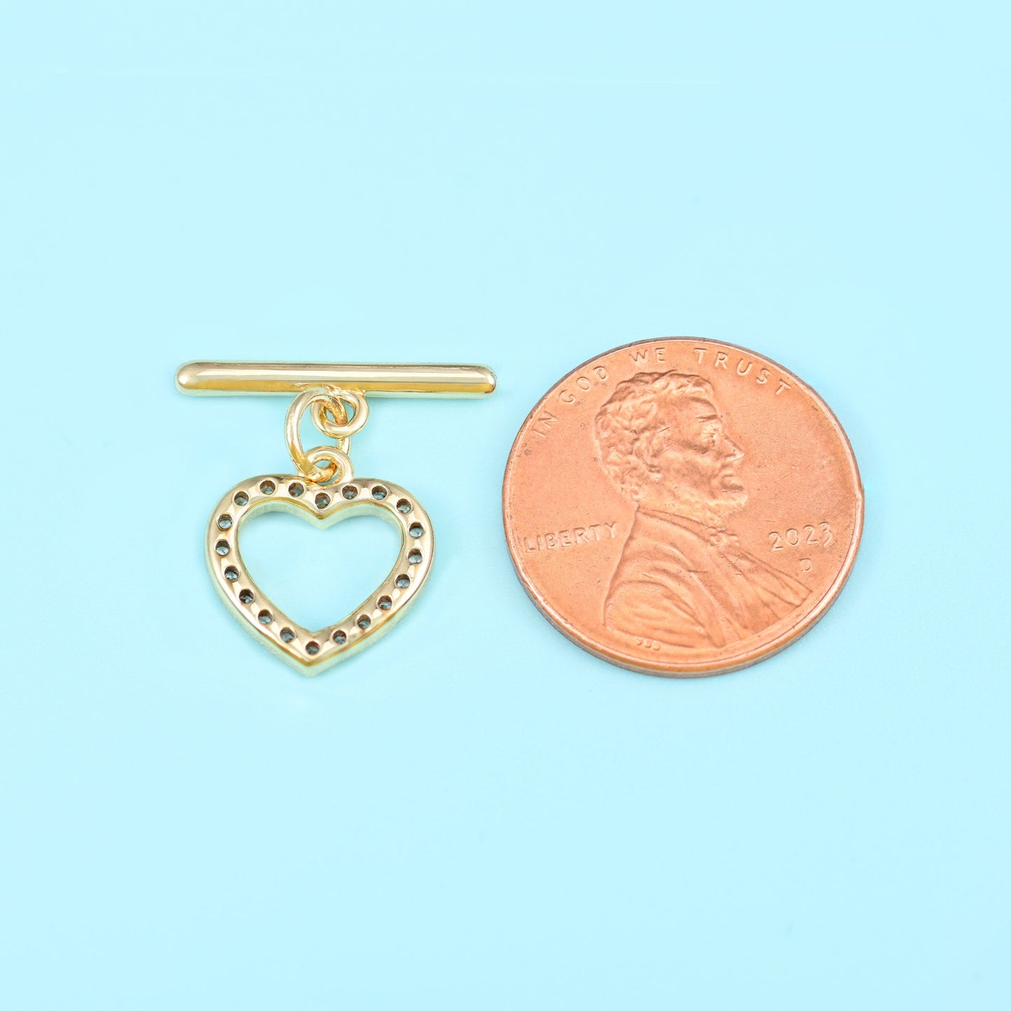 18K gold filled heart zircon toggle clasp, 12x11mm heart, 16.55mm bar