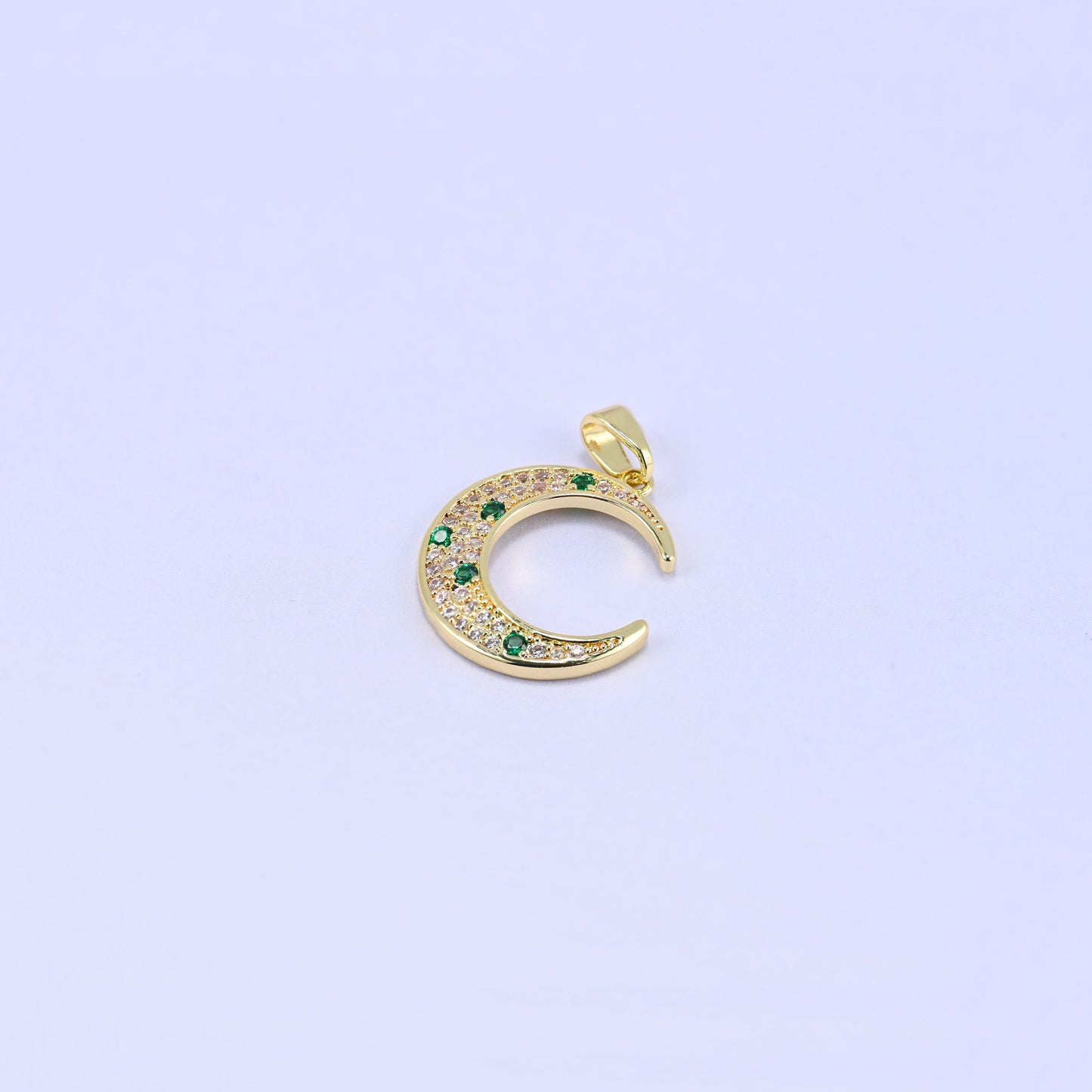 Brass crescent moon charm fully paved in sparkling clear zircon