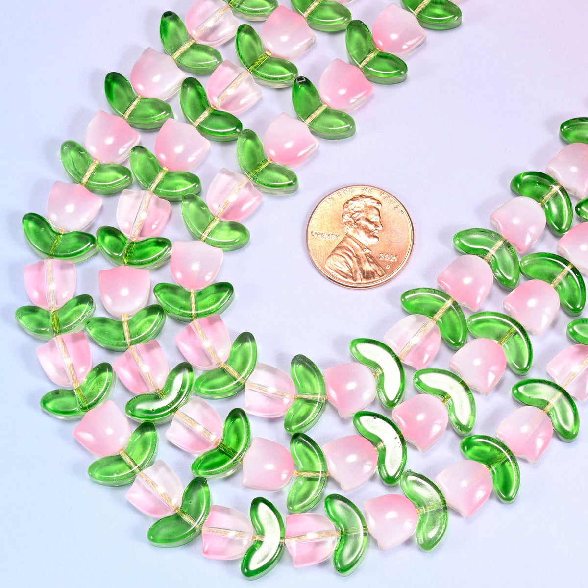 Light Pink Tulip Flower Glass Beads with Leaf, approximately 1mm hole.