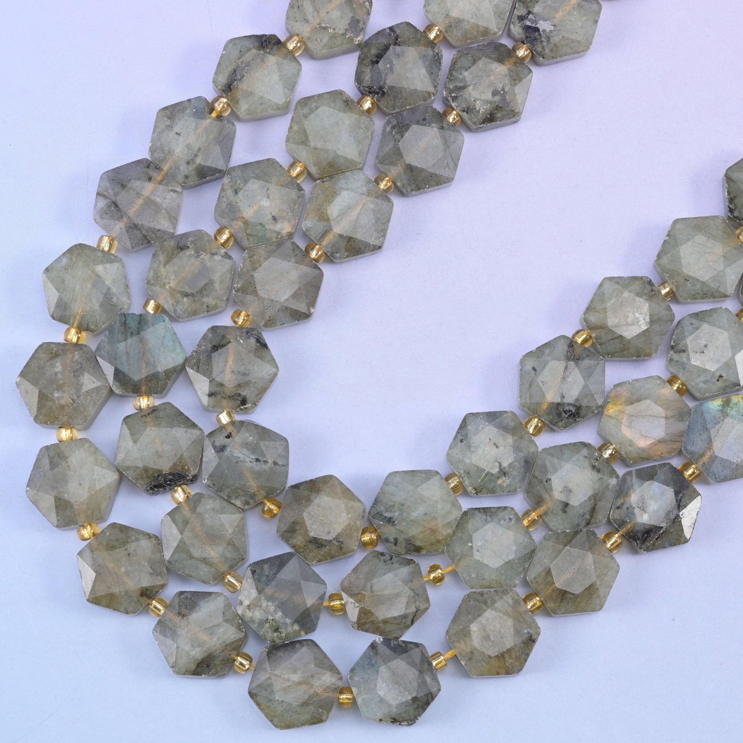 Gray labradorite hexagon beads, natural stone, smoky grey-green tablets with mineral speckling and flashes of blue or gold