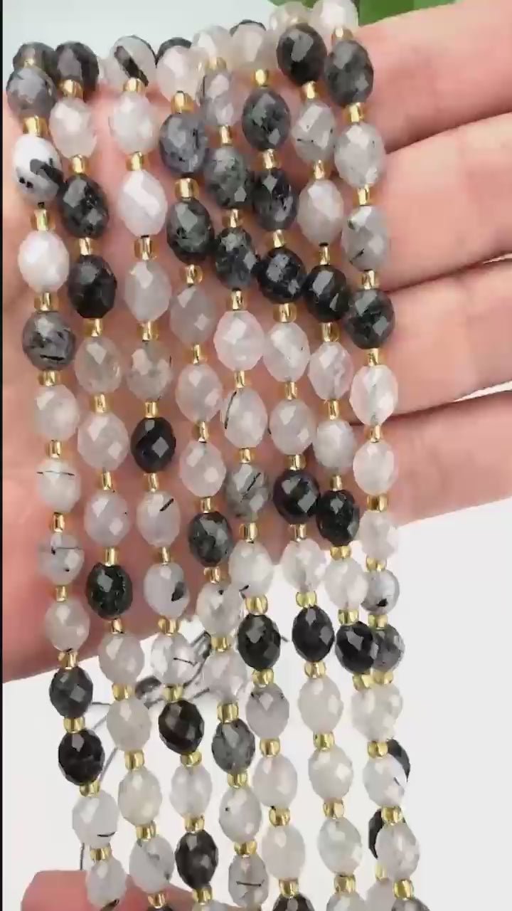 Black Rutilated Quartz Faceted Rice Barrel Beads 6x8mm, approximately 39 beads per strand