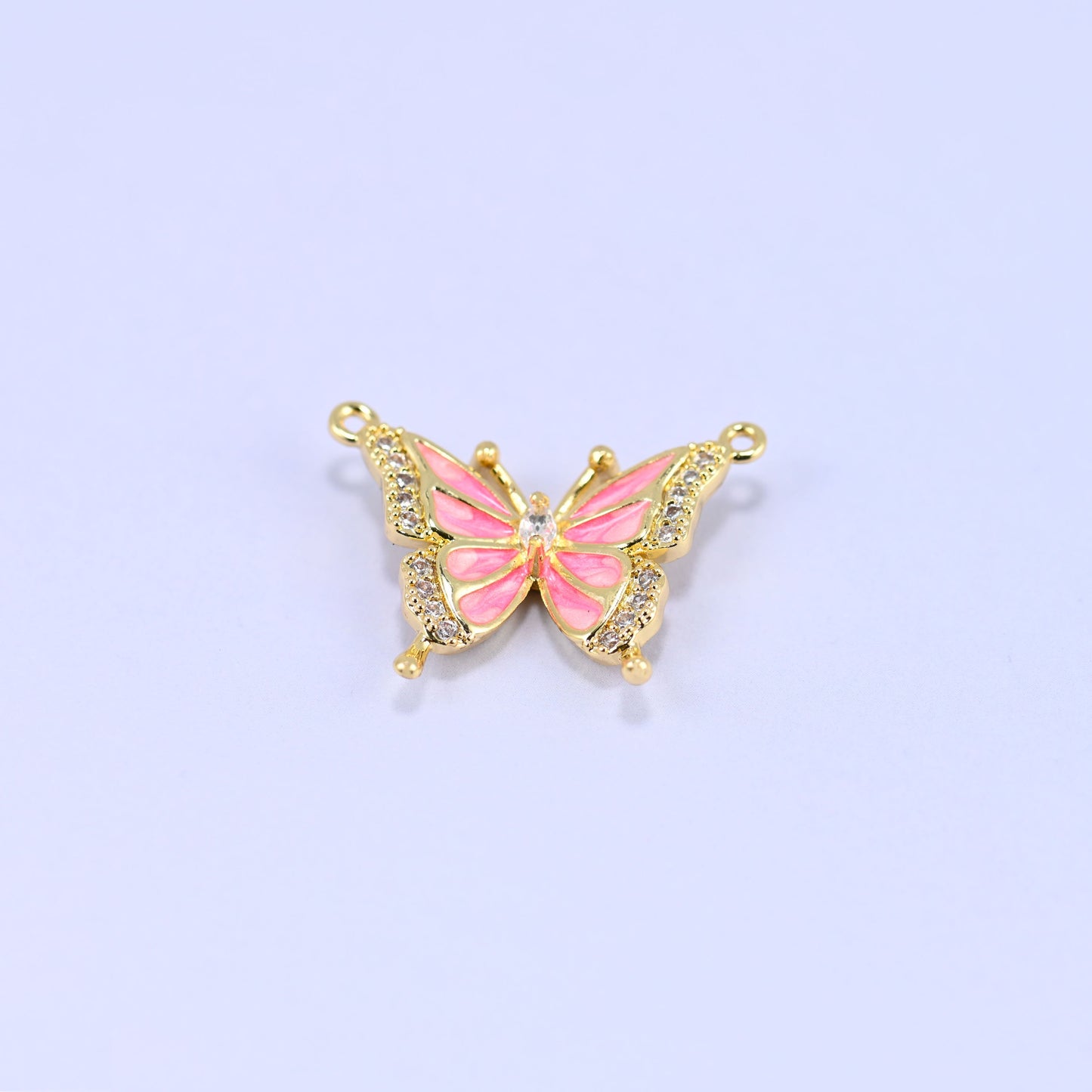 Enamel Pink Butterfly Zircon Pendants: 18K Gold Plated Double Connector, Jewelry Making Supply