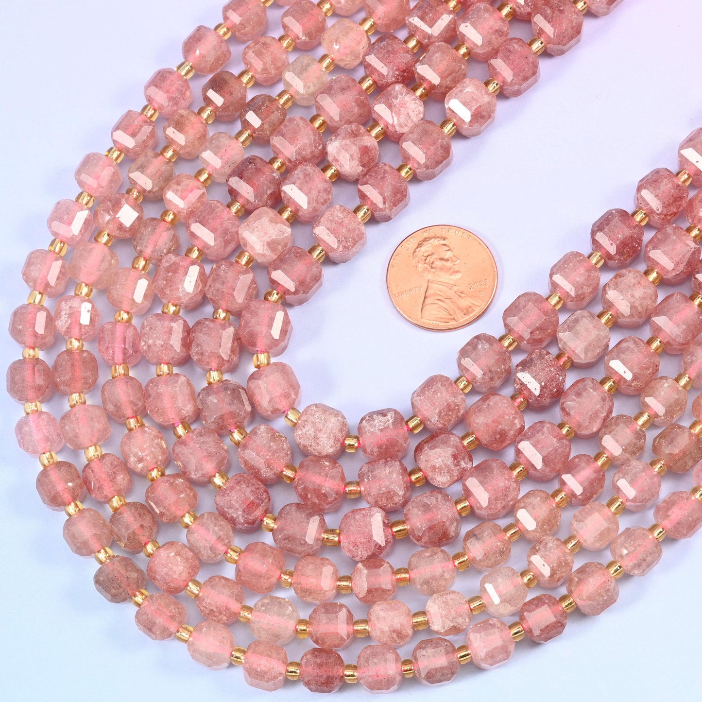 Faceted cube cut Strawberry Quartz beads