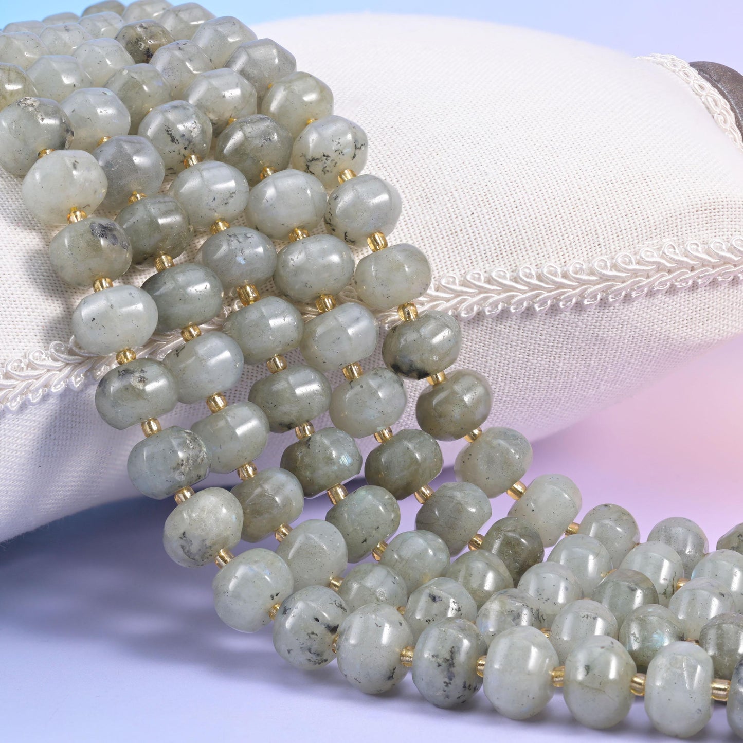 Gray Labradorite Pumpkin Rondelle Beads, natural stone with blue and silver flash