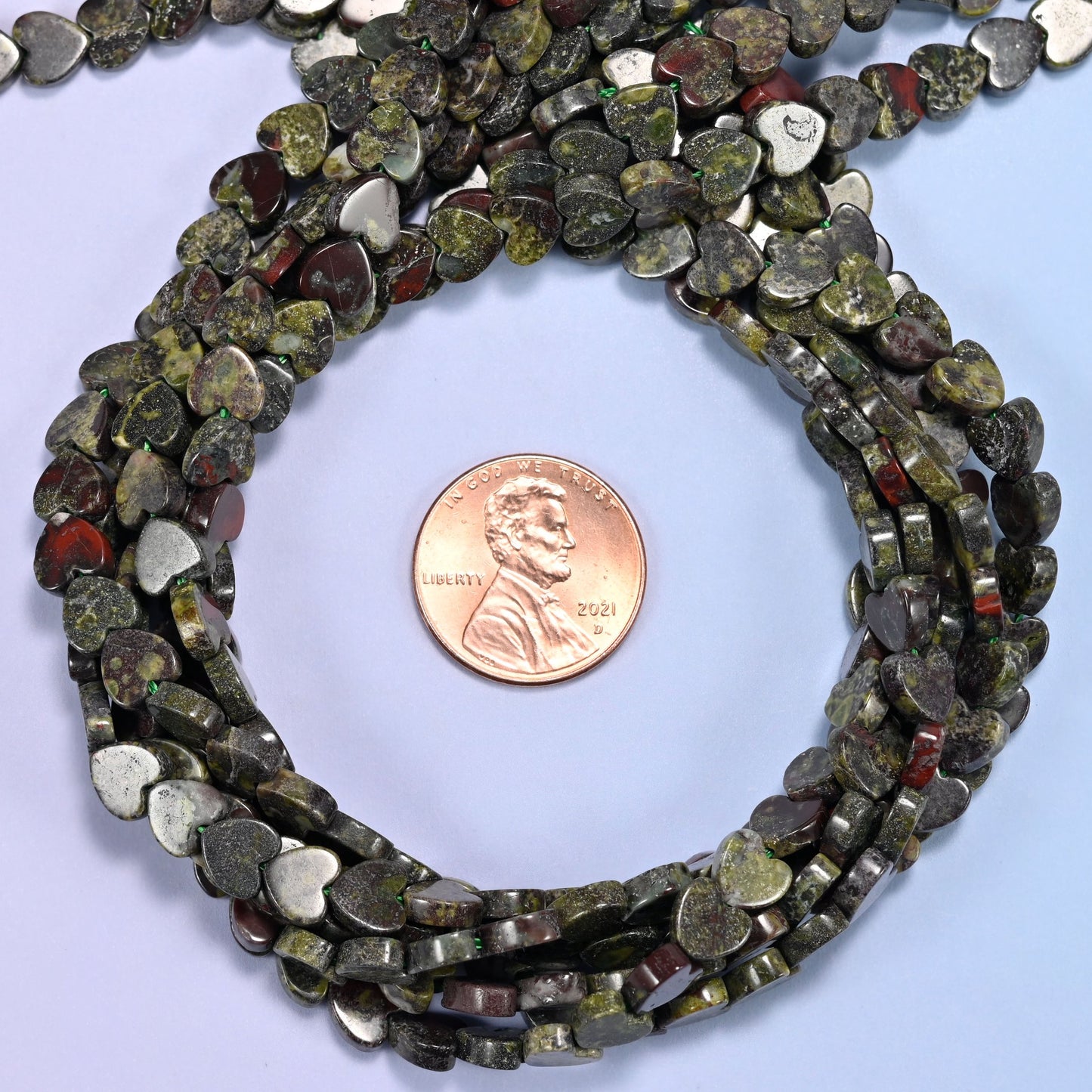 Dragon Bloodstone Flat Heart Beads: Size 6mm, Jewelry Making, 15 Inch Strand
