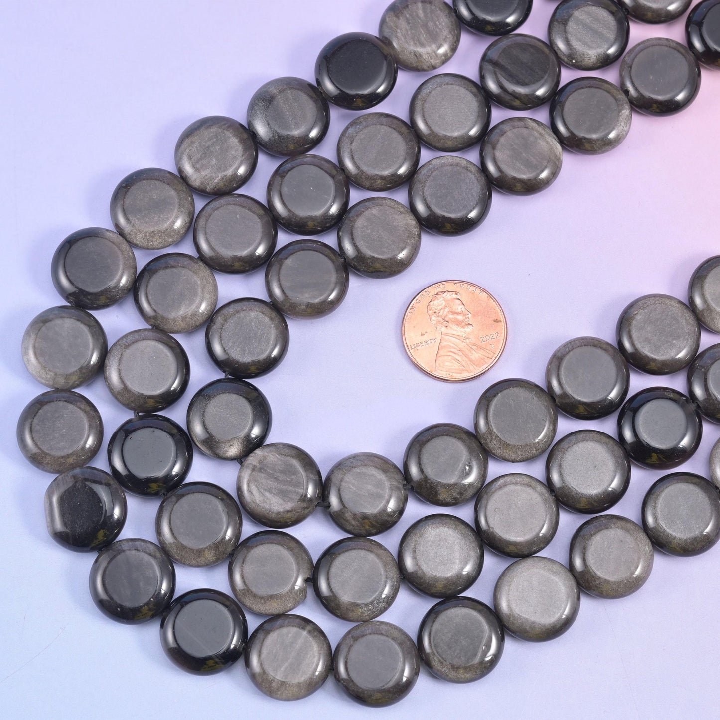 Silver Obsidian smooth coin beads, 15 inch strand