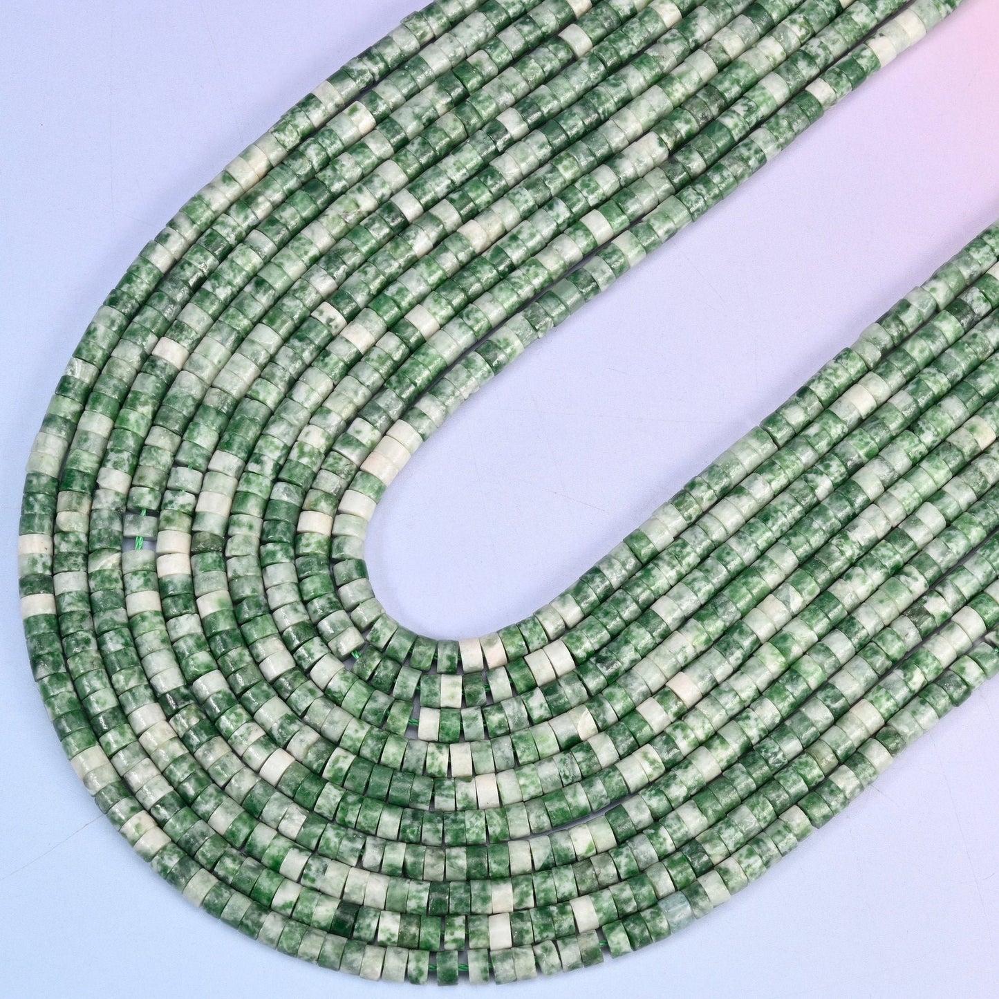 Tree Agate Smooth Heishi Disc Beads in mossy green with cream marbling