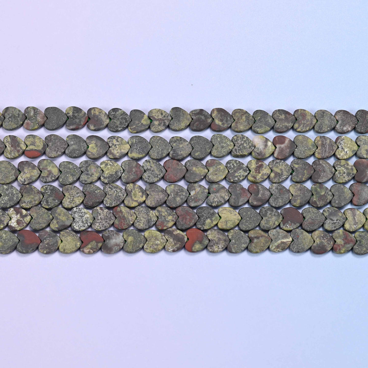 Matte Dragon Bloodstone Flat Heart Beads in dark olive and khaki green with brick-red flecks