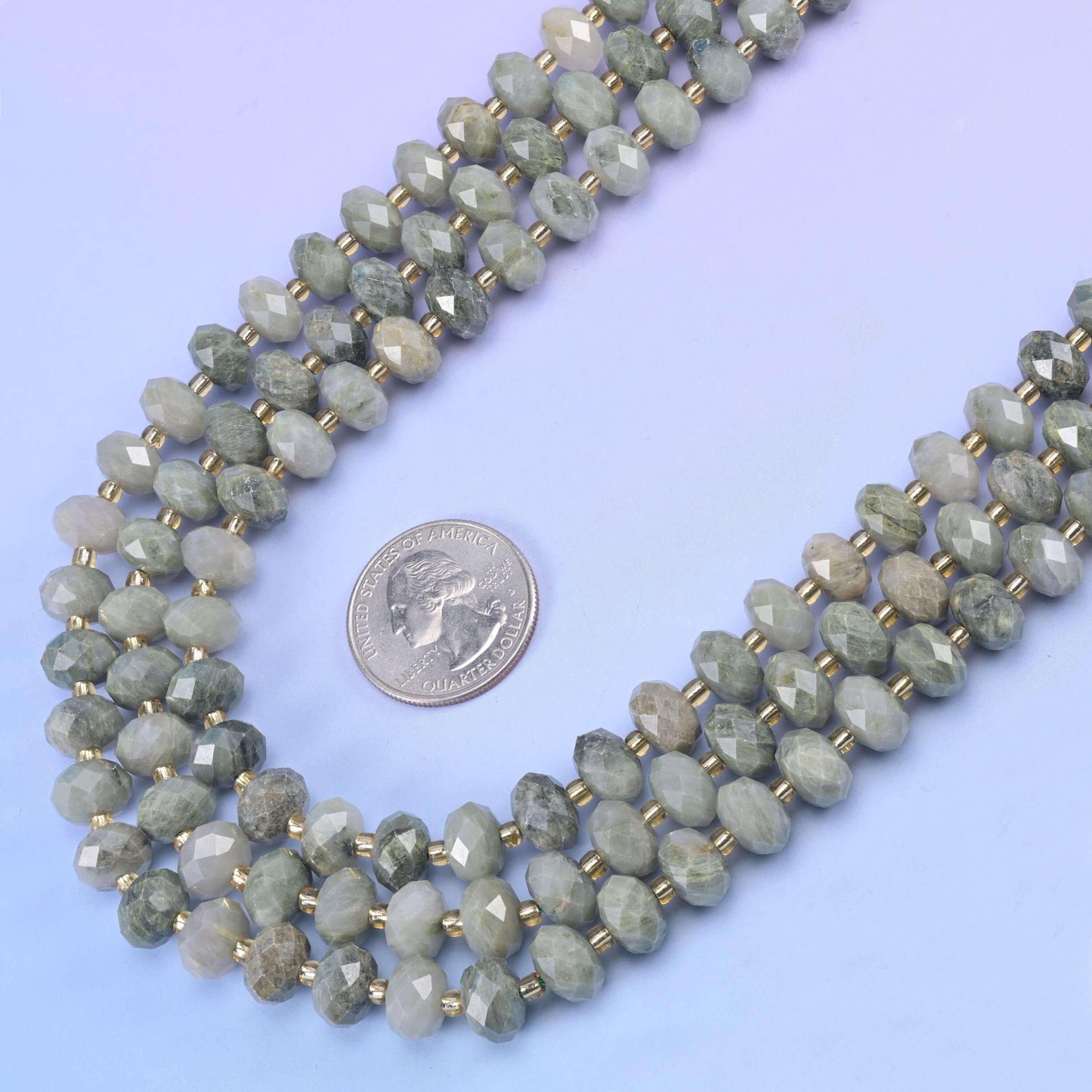 Green Rabbit Fur Quartz faceted rondelle beads, 15.5 inch strand