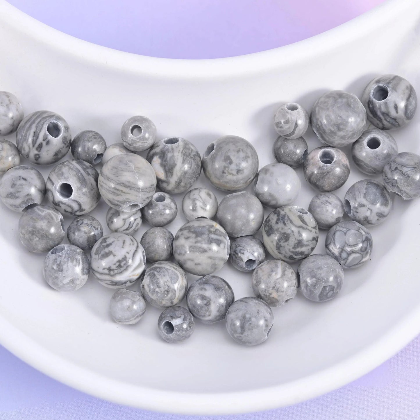 Map Jasper Large Hole Round Beads 6mm 8mm 10mm in pale dove grey with charcoal veining
