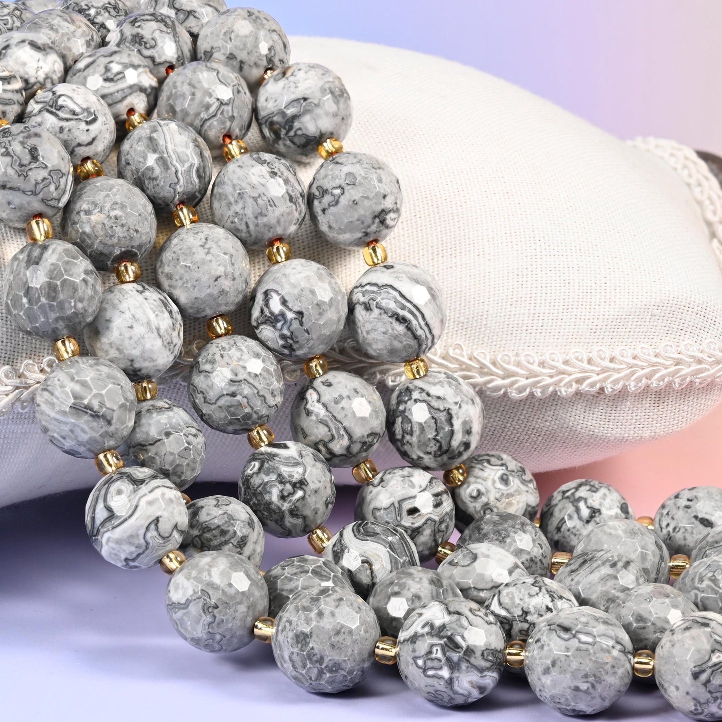 Map Jasper Faceted Round Beads, pale dove grey and chalk white crossed by fine black veining