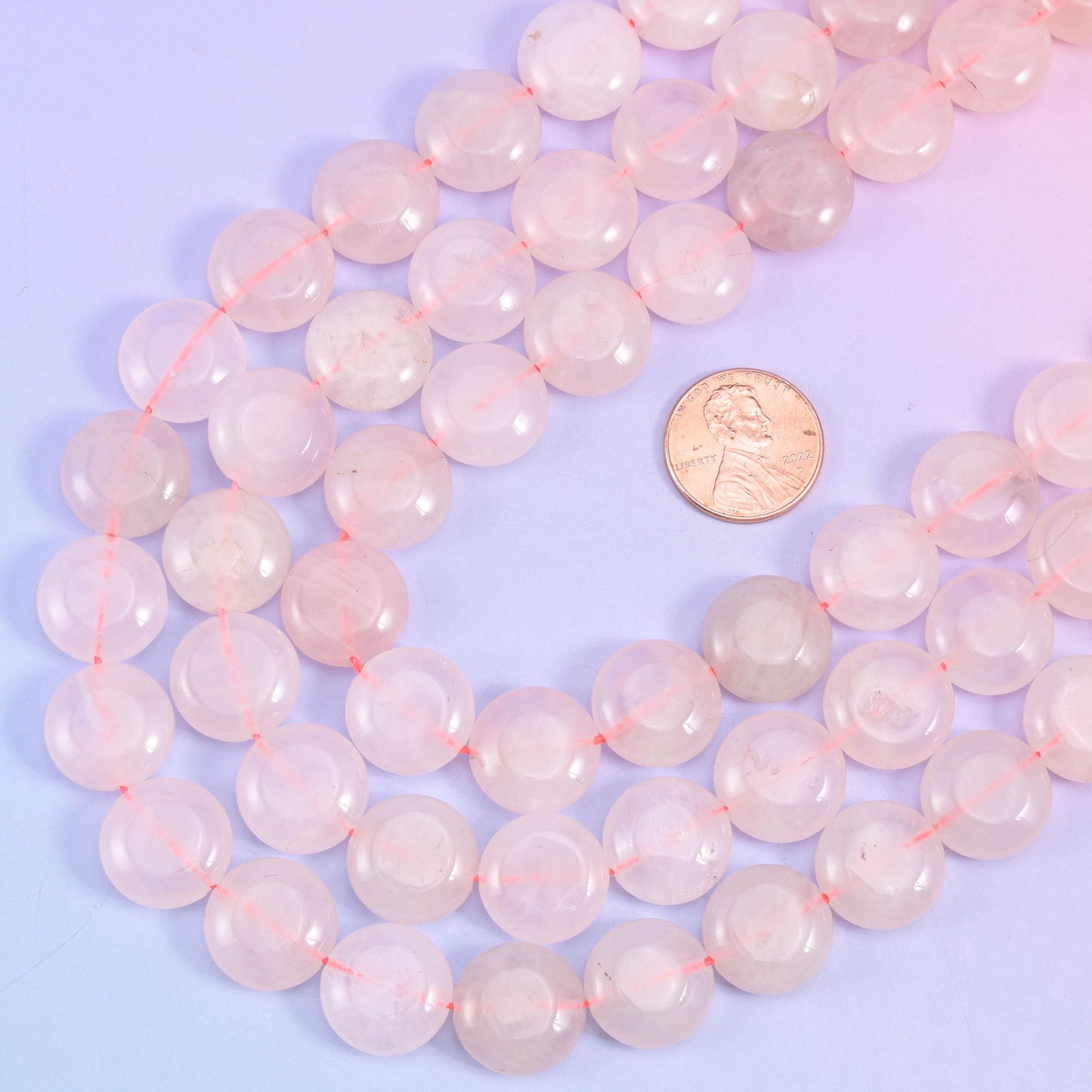 Rose Quartz smooth coin beads, 15 inch strand