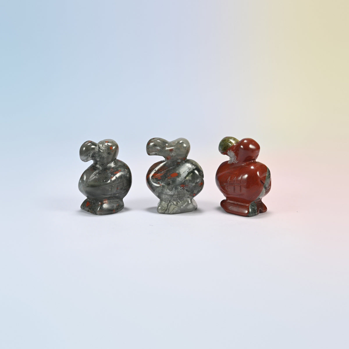 Three African bloodstone dodo bird crystal carvings, 1.5 inch, dark green natural stone with red patches