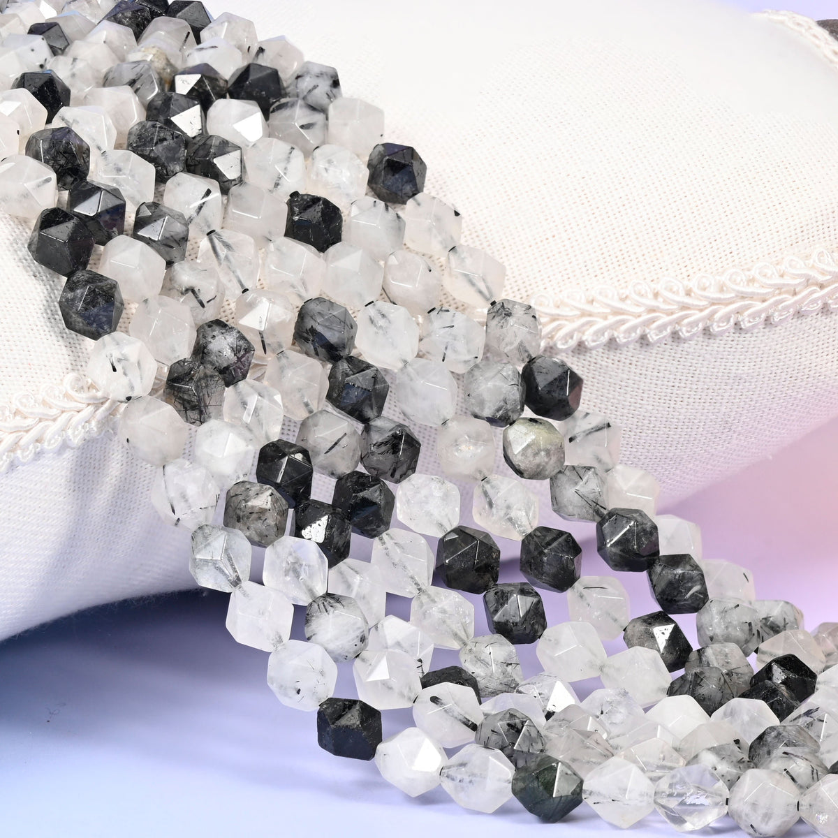 Black Rutilated Quartz Diamond Star Cut Beads, 6mm, 8mm and 10mm.